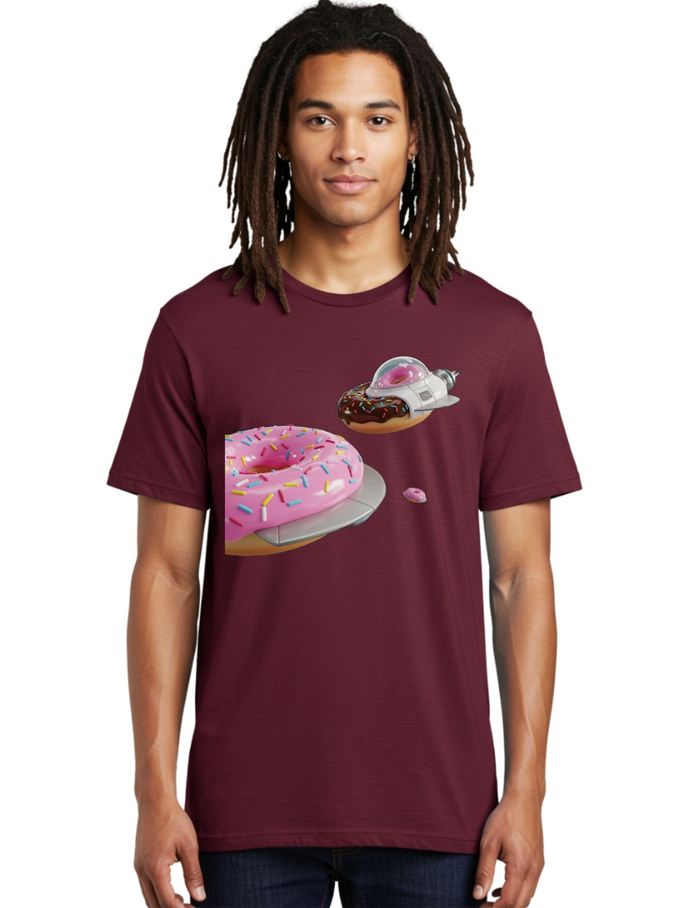 Donut-Ufo-1 Men'S Graphic Tee, 100% Cotton, Comfortable Casual Summer Wear, Machine Washable, Donut Spaceship, Pink Glazed Donut, Chocolate Frosted Donut, Sprinkles, Ufo, Space Ship, Donut On A Spaceship, Quirky, Funny, Sweet Treats, Creative, Bab873 30
