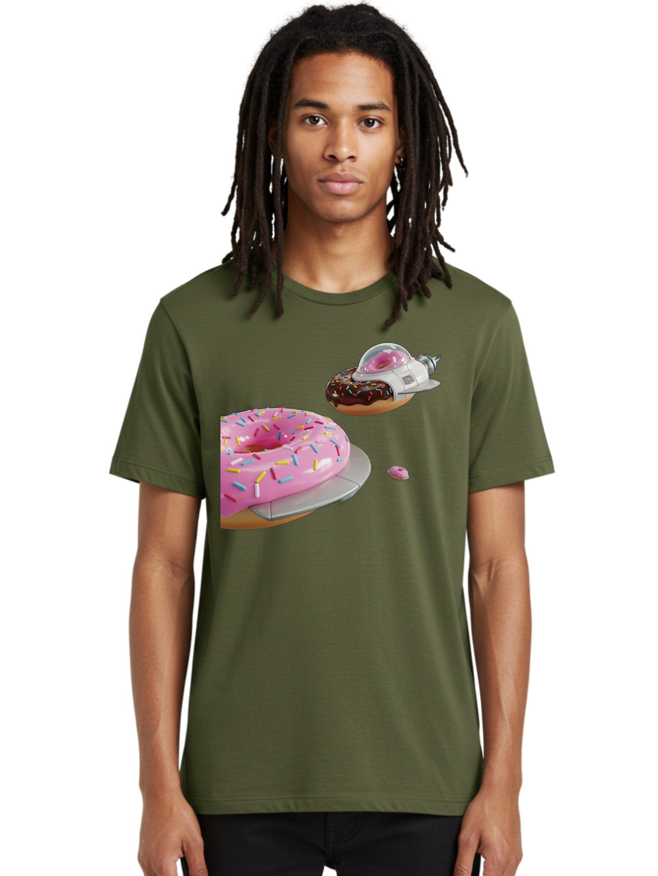 Donut-Ufo-1 Men'S Graphic Tee, 100% Cotton, Comfortable Casual Summer Wear, Machine Washable, Donut Spaceship, Pink Glazed Donut, Chocolate Frosted Donut, Sprinkles, Ufo, Space Ship, Donut On A Spaceship, Quirky, Funny, Sweet Treats, Creative, Bab873 26