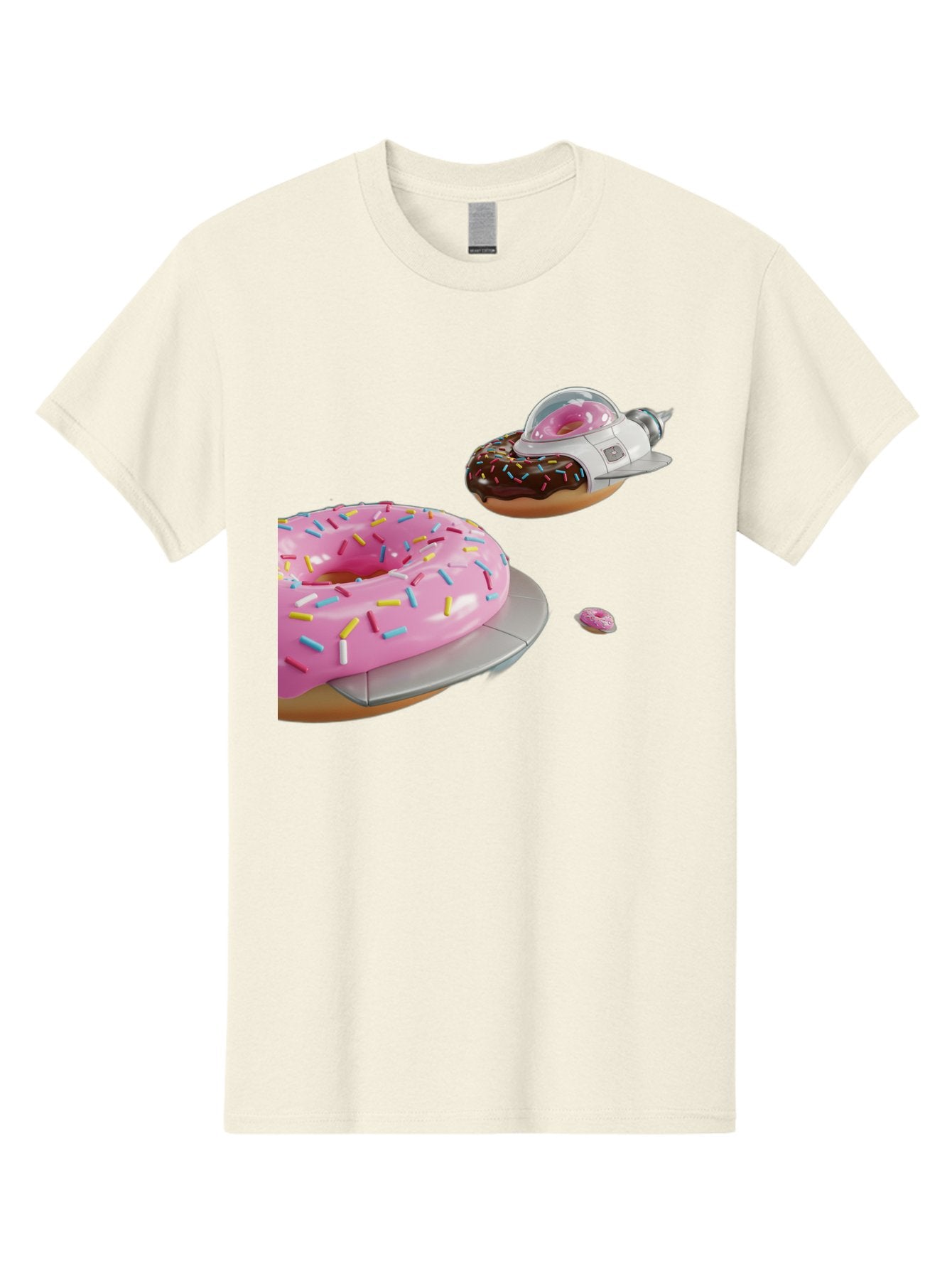 Donut-Ufo-1 Men'S Graphic Tee, 100% Cotton, Comfortable Casual Summer Wear, Machine Washable, Donut Spaceship, Pink Glazed Donut, Chocolate Frosted Donut, Sprinkles, Ufo, Space Ship, Donut On A Spaceship, Quirky, Funny, Sweet Treats, Creative, Bab873 4