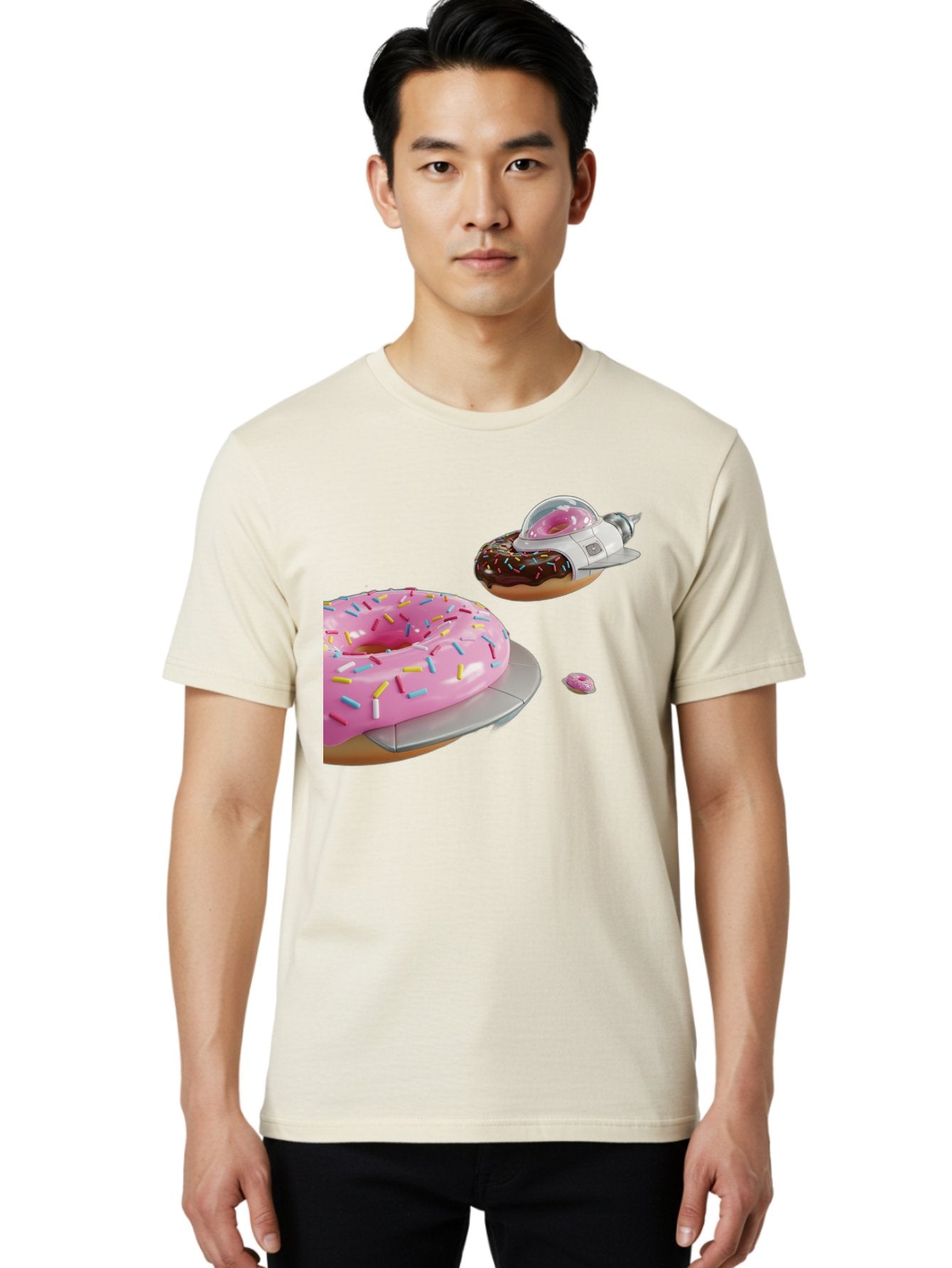 Donut-Ufo-1 Men'S Graphic Tee, 100% Cotton, Comfortable Casual Summer Wear, Machine Washable, Donut Spaceship, Pink Glazed Donut, Chocolate Frosted Donut, Sprinkles, Ufo, Space Ship, Donut On A Spaceship, Quirky, Funny, Sweet Treats, Creative, Bab873 18