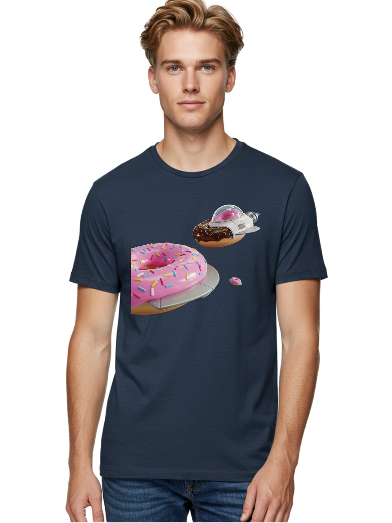 Donut-Ufo-1 Men'S Graphic Tee, 100% Cotton, Comfortable Casual Summer Wear, Machine Washable, Donut Spaceship, Pink Glazed Donut, Chocolate Frosted Donut, Sprinkles, Ufo, Space Ship, Donut On A Spaceship, Quirky, Funny, Sweet Treats, Creative, Bab873 20