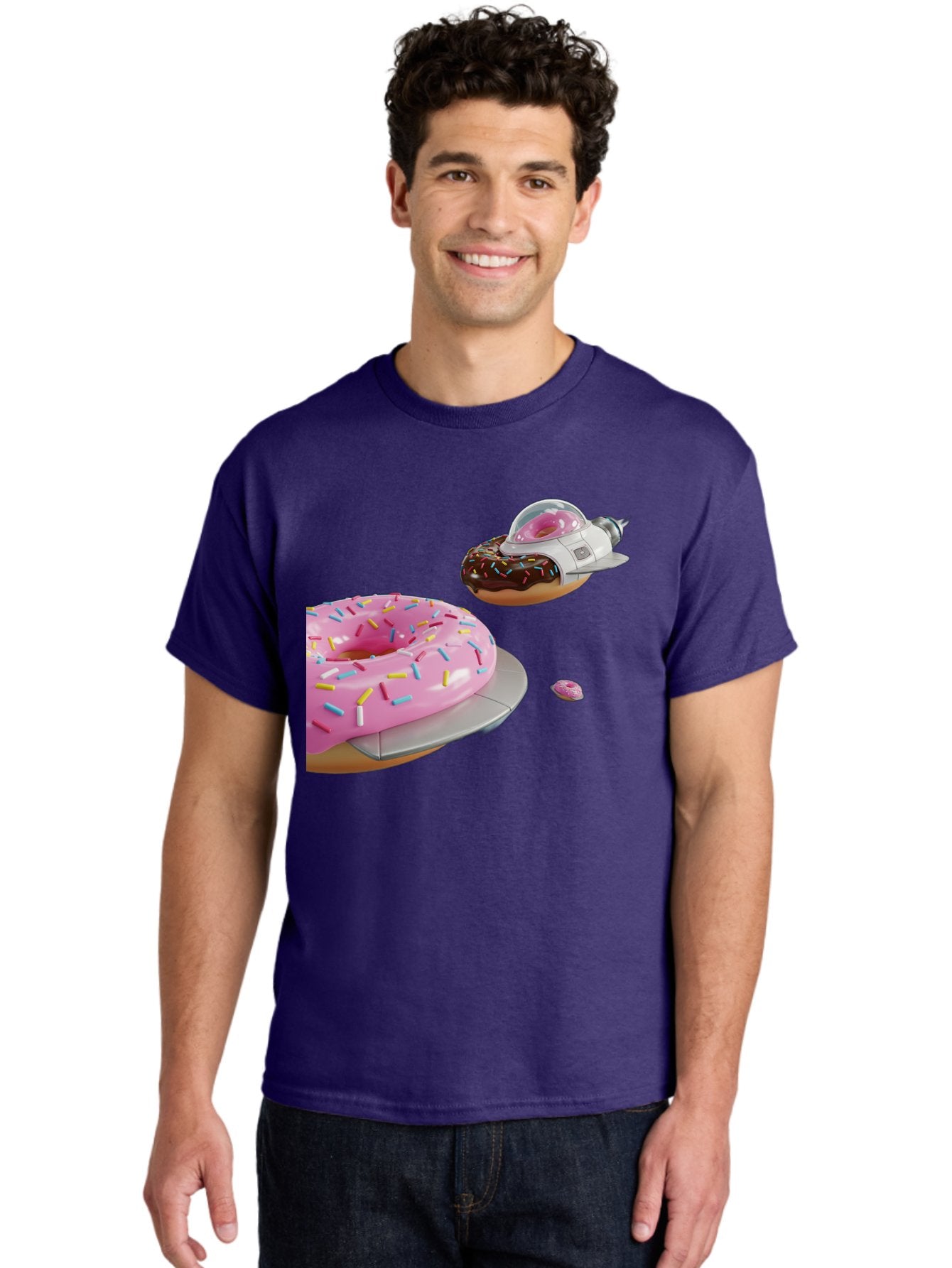 Donut-Ufo-1 Men'S Graphic Tee, 100% Cotton, Comfortable Casual Summer Wear, Machine Washable, Donut Spaceship, Pink Glazed Donut, Chocolate Frosted Donut, Sprinkles, Ufo, Space Ship, Donut On A Spaceship, Quirky, Funny, Sweet Treats, Creative, Bab873 27