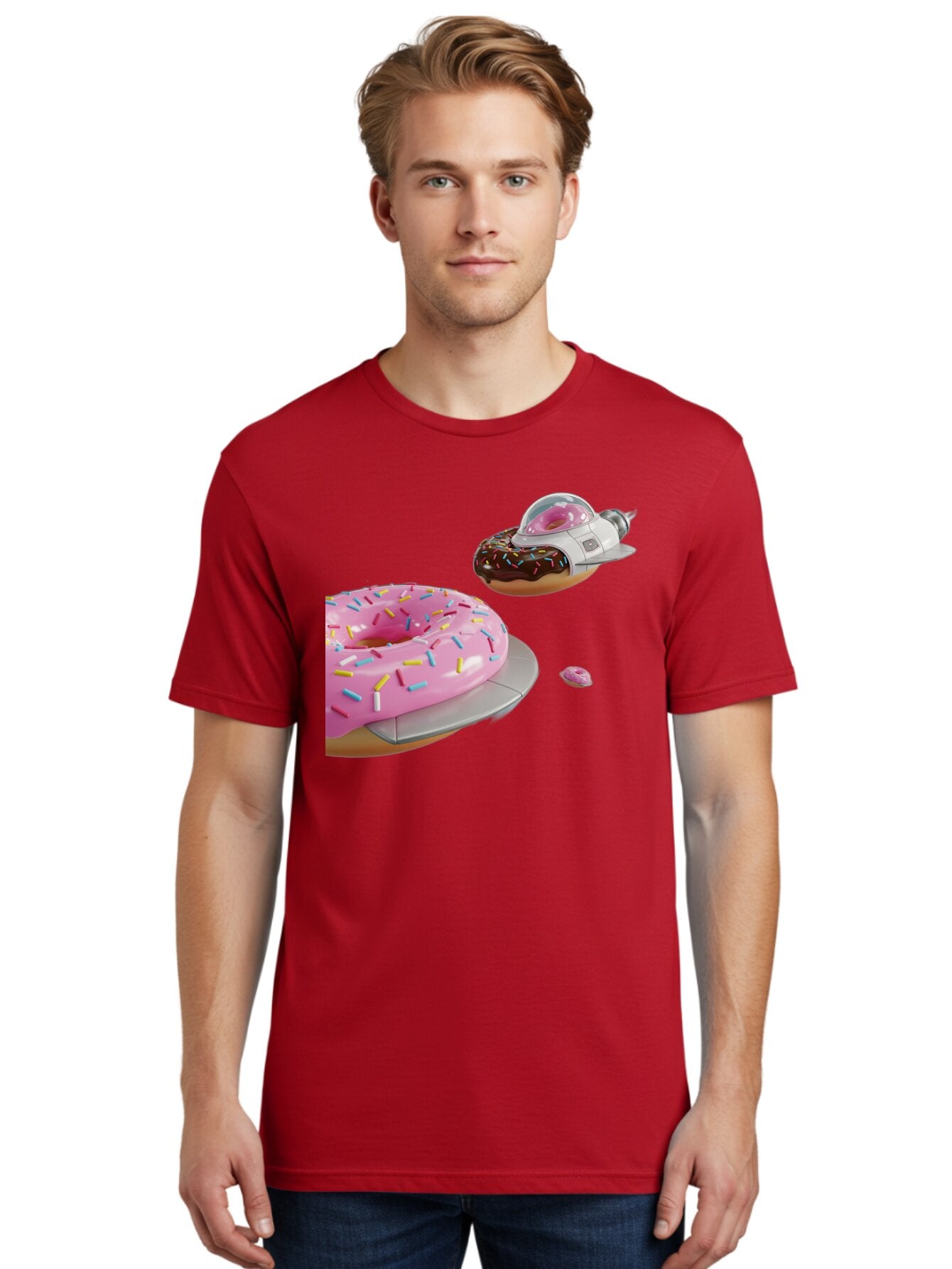 Donut-Ufo-1 Men'S Graphic Tee, 100% Cotton, Comfortable Casual Summer Wear, Machine Washable, Donut Spaceship, Pink Glazed Donut, Chocolate Frosted Donut, Sprinkles, Ufo, Space Ship, Donut On A Spaceship, Quirky, Funny, Sweet Treats, Creative, Bab873 29