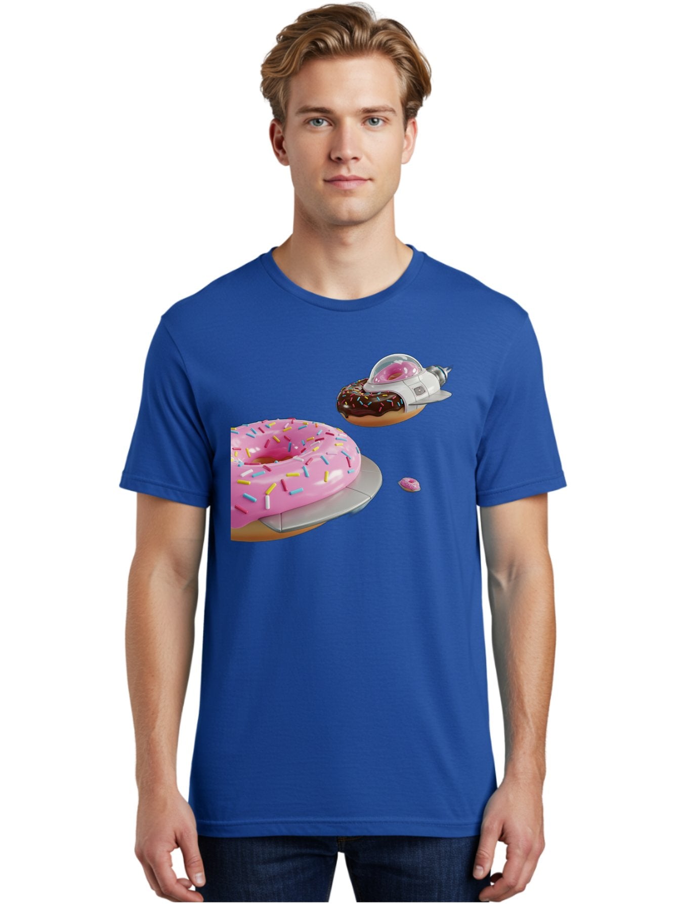 Donut-Ufo-1 Men'S Graphic Tee, 100% Cotton, Comfortable Casual Summer Wear, Machine Washable, Donut Spaceship, Pink Glazed Donut, Chocolate Frosted Donut, Sprinkles, Ufo, Space Ship, Donut On A Spaceship, Quirky, Funny, Sweet Treats, Creative, Bab873 25