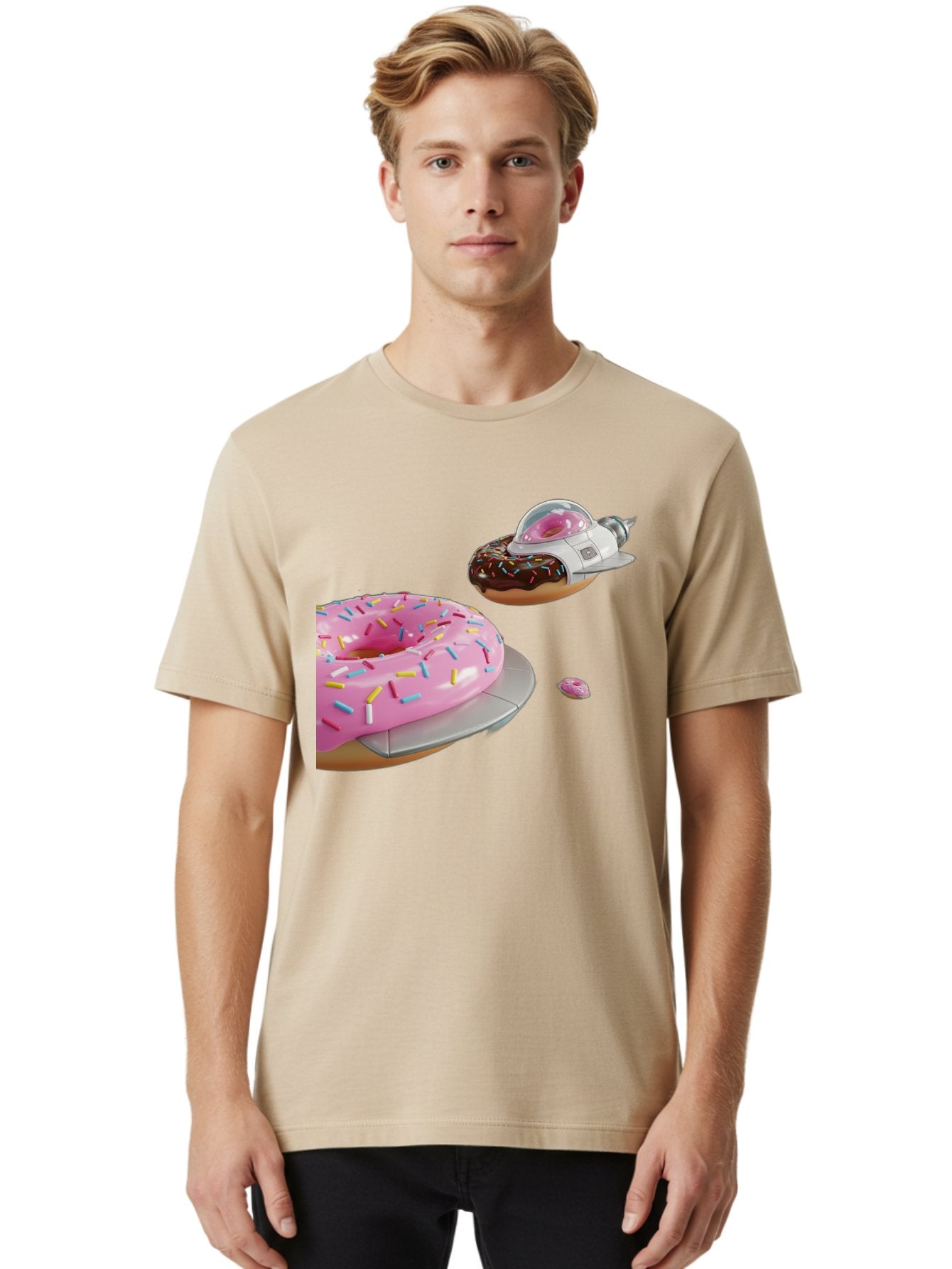 Donut-Ufo-1 Men'S Graphic Tee, 100% Cotton, Comfortable Casual Summer Wear, Machine Washable, Donut Spaceship, Pink Glazed Donut, Chocolate Frosted Donut, Sprinkles, Ufo, Space Ship, Donut On A Spaceship, Quirky, Funny, Sweet Treats, Creative, Bab873 24