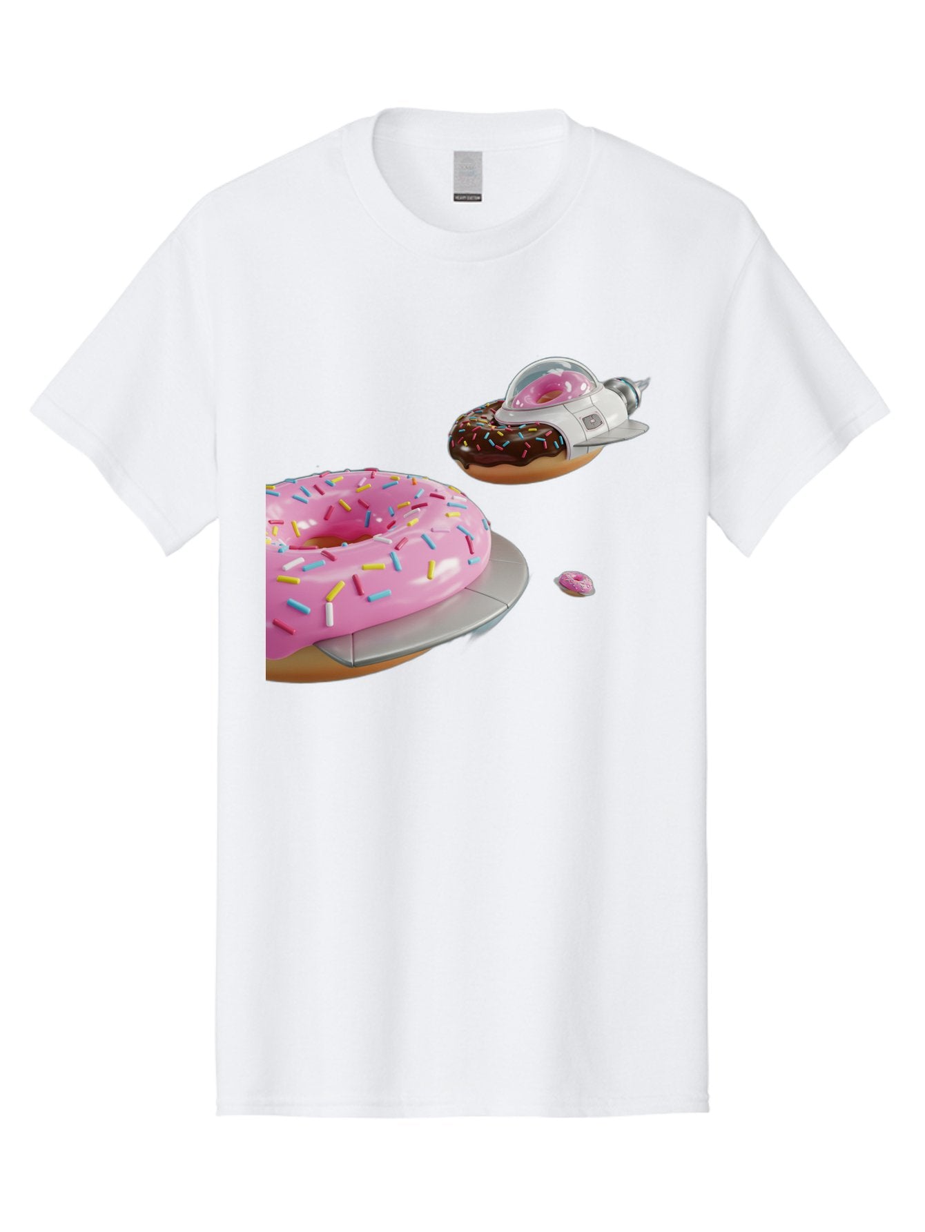 Donut-Ufo-1 Men'S Graphic Tee, 100% Cotton, Comfortable Casual Summer Wear, Machine Washable, Donut Spaceship, Pink Glazed Donut, Chocolate Frosted Donut, Sprinkles, Ufo, Space Ship, Donut On A Spaceship, Quirky, Funny, Sweet Treats, Creative, Bab873