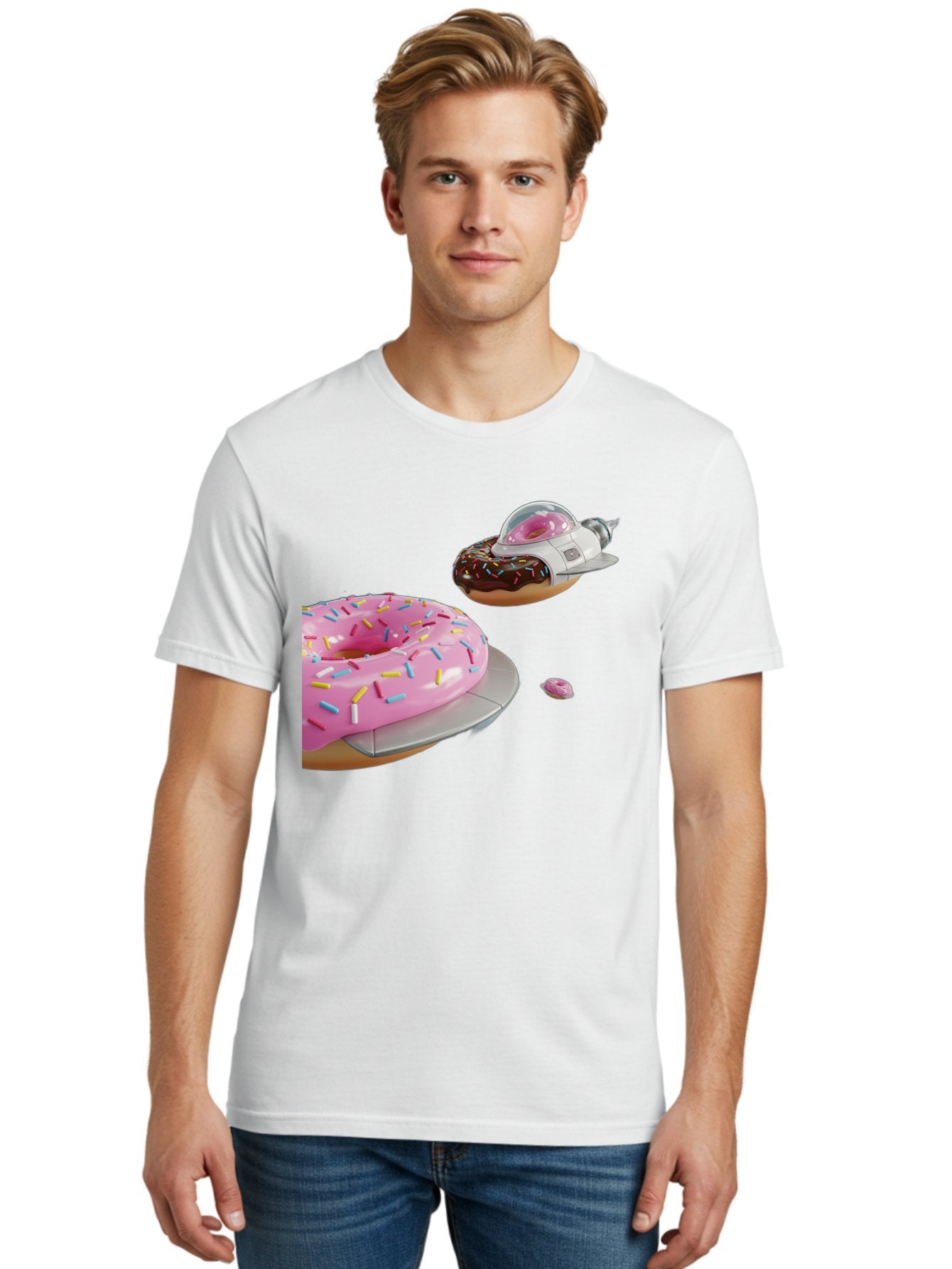 Donut-Ufo-1 Men'S Graphic Tee, 100% Cotton, Comfortable Casual Summer Wear, Machine Washable, Donut Spaceship, Pink Glazed Donut, Chocolate Frosted Donut, Sprinkles, Ufo, Space Ship, Donut On A Spaceship, Quirky, Funny, Sweet Treats, Creative, Bab873 21