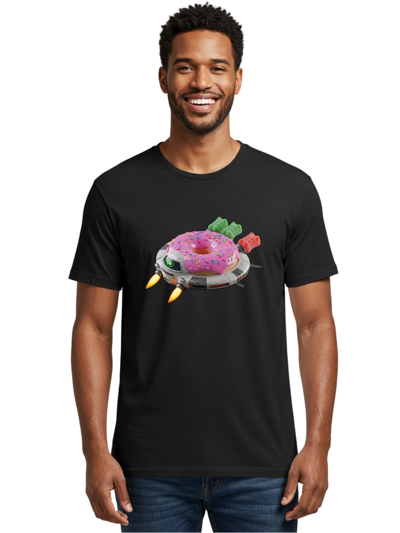 Donut-Ufo Men'S Graphic Tee, 100% Cotton, Comfortable Casual Summer Wear, Machine Washable, Pink Frosted Donut With Sprinkles, Ufo, Robotic Eyes, Gummy Bears, Futuristic, Candy, Sweet Treats, Digital Art, Cartoon Style, Whimsical, Fantastical Bab875 29