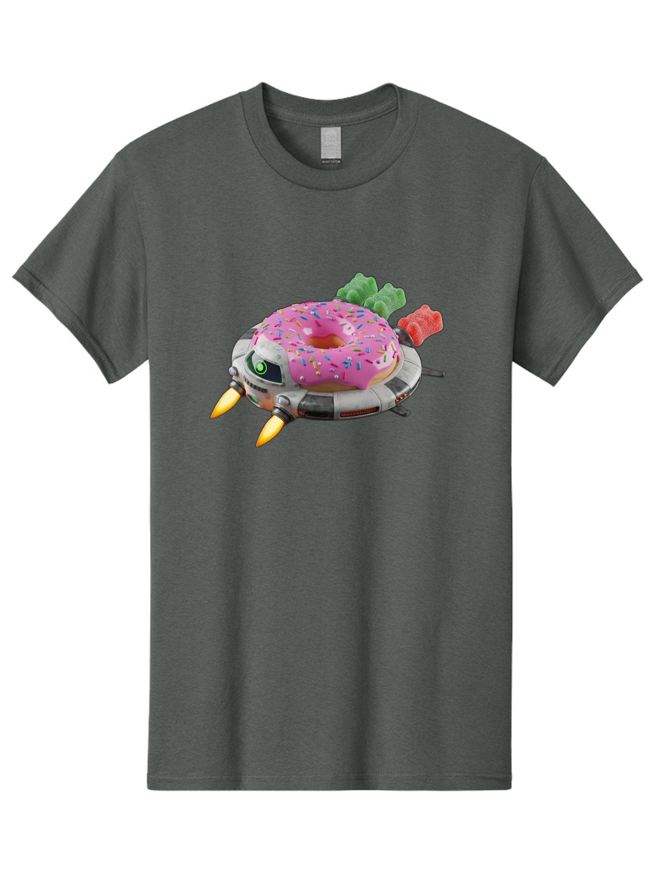 Donut-Ufo Men'S Graphic Tee, 100% Cotton, Comfortable Casual Summer Wear, Machine Washable, Pink Frosted Donut With Sprinkles, Ufo, Robotic Eyes, Gummy Bears, Futuristic, Candy, Sweet Treats, Digital Art, Cartoon Style, Whimsical, Fantastical Bab875