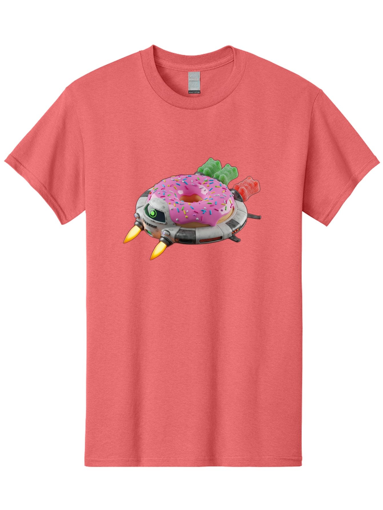 Donut-Ufo Men'S Graphic Tee, 100% Cotton, Comfortable Casual Summer Wear, Machine Washable, Pink Frosted Donut With Sprinkles, Ufo, Robotic Eyes, Gummy Bears, Futuristic, Candy, Sweet Treats, Digital Art, Cartoon Style, Whimsical, Fantastical Bab875 12