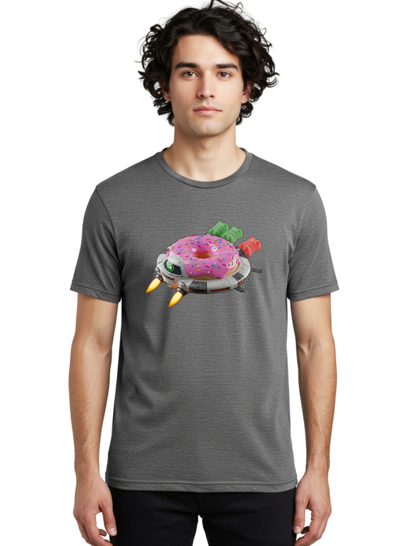 Donut-Ufo Men'S Graphic Tee, 100% Cotton, Comfortable Casual Summer Wear, Machine Washable, Pink Frosted Donut With Sprinkles, Ufo, Robotic Eyes, Gummy Bears, Futuristic, Candy, Sweet Treats, Digital Art, Cartoon Style, Whimsical, Fantastical Bab875 27