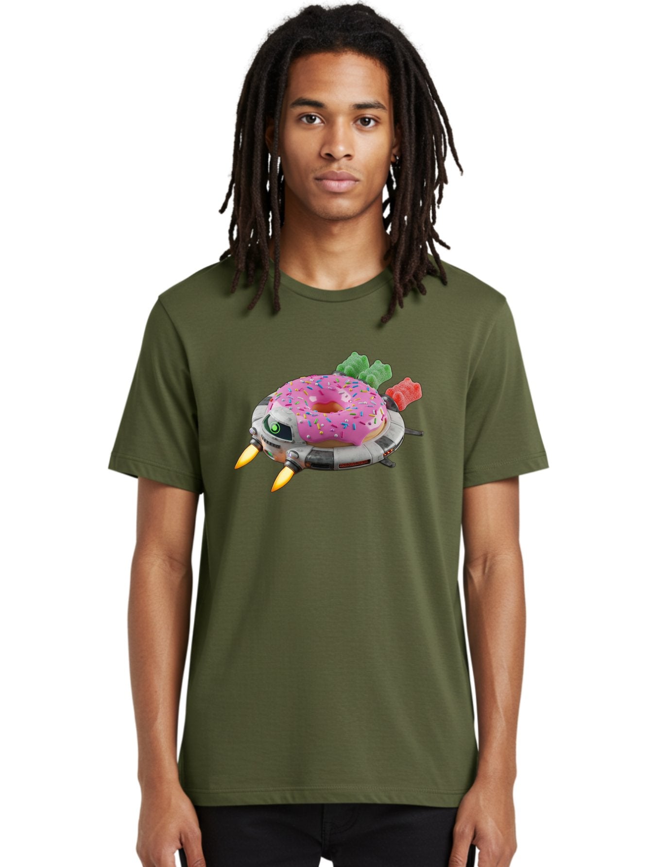 Donut-Ufo Men'S Graphic Tee, 100% Cotton, Comfortable Casual Summer Wear, Machine Washable, Pink Frosted Donut With Sprinkles, Ufo, Robotic Eyes, Gummy Bears, Futuristic, Candy, Sweet Treats, Digital Art, Cartoon Style, Whimsical, Fantastical Bab875 24