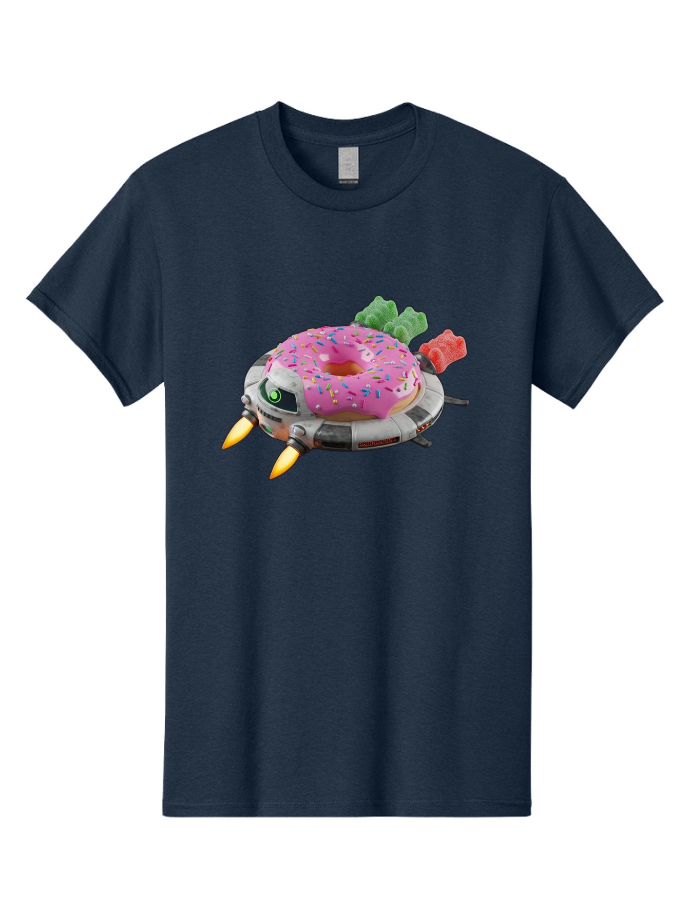 Donut-Ufo Men'S Graphic Tee, 100% Cotton, Comfortable Casual Summer Wear, Machine Washable, Pink Frosted Donut With Sprinkles, Ufo, Robotic Eyes, Gummy Bears, Futuristic, Candy, Sweet Treats, Digital Art, Cartoon Style, Whimsical, Fantastical Bab875 3