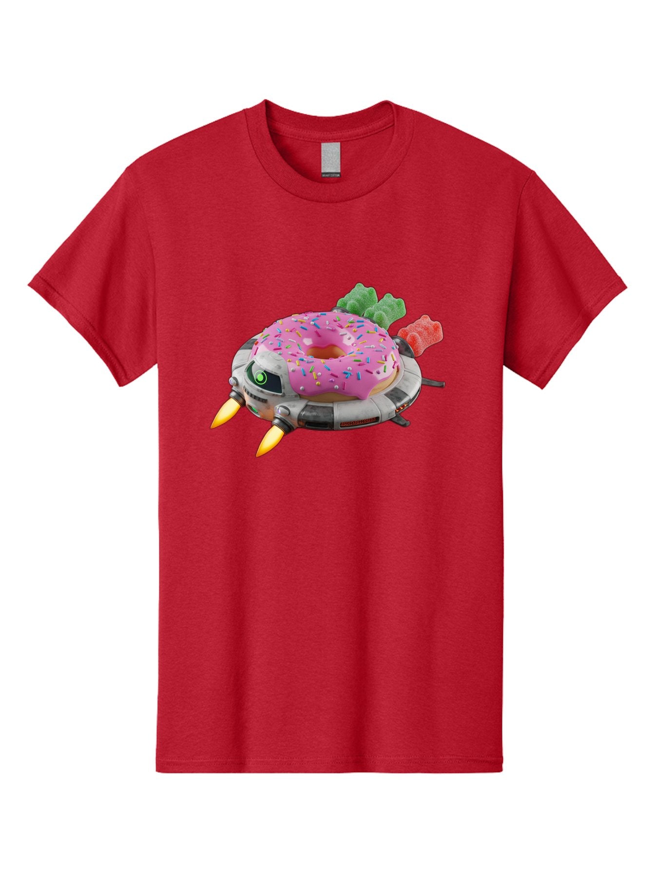 Donut-Ufo Men'S Graphic Tee, 100% Cotton, Comfortable Casual Summer Wear, Machine Washable, Pink Frosted Donut With Sprinkles, Ufo, Robotic Eyes, Gummy Bears, Futuristic, Candy, Sweet Treats, Digital Art, Cartoon Style, Whimsical, Fantastical Bab875 5