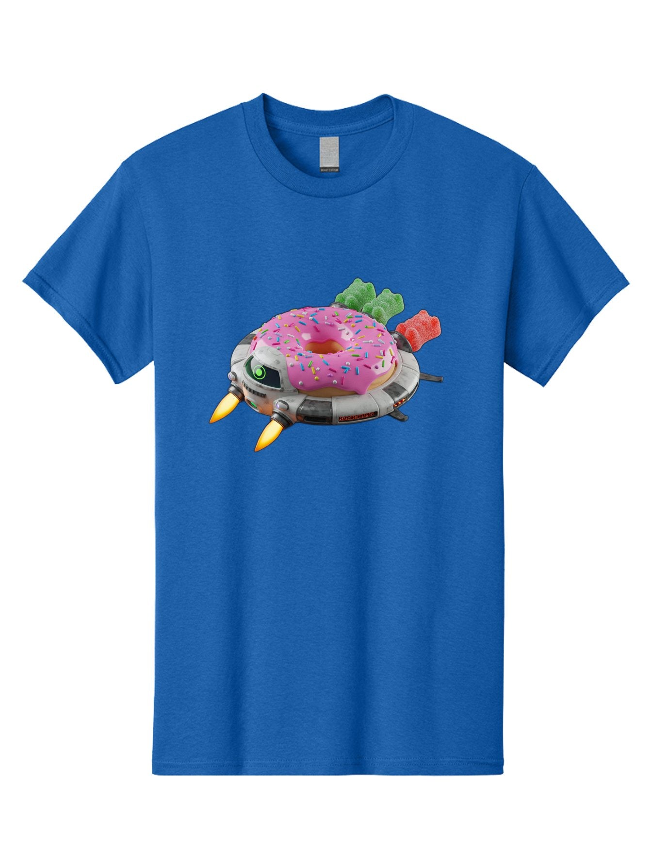 Donut-Ufo Men'S Graphic Tee, 100% Cotton, Comfortable Casual Summer Wear, Machine Washable, Pink Frosted Donut With Sprinkles, Ufo, Robotic Eyes, Gummy Bears, Futuristic, Candy, Sweet Treats, Digital Art, Cartoon Style, Whimsical, Fantastical Bab875 4