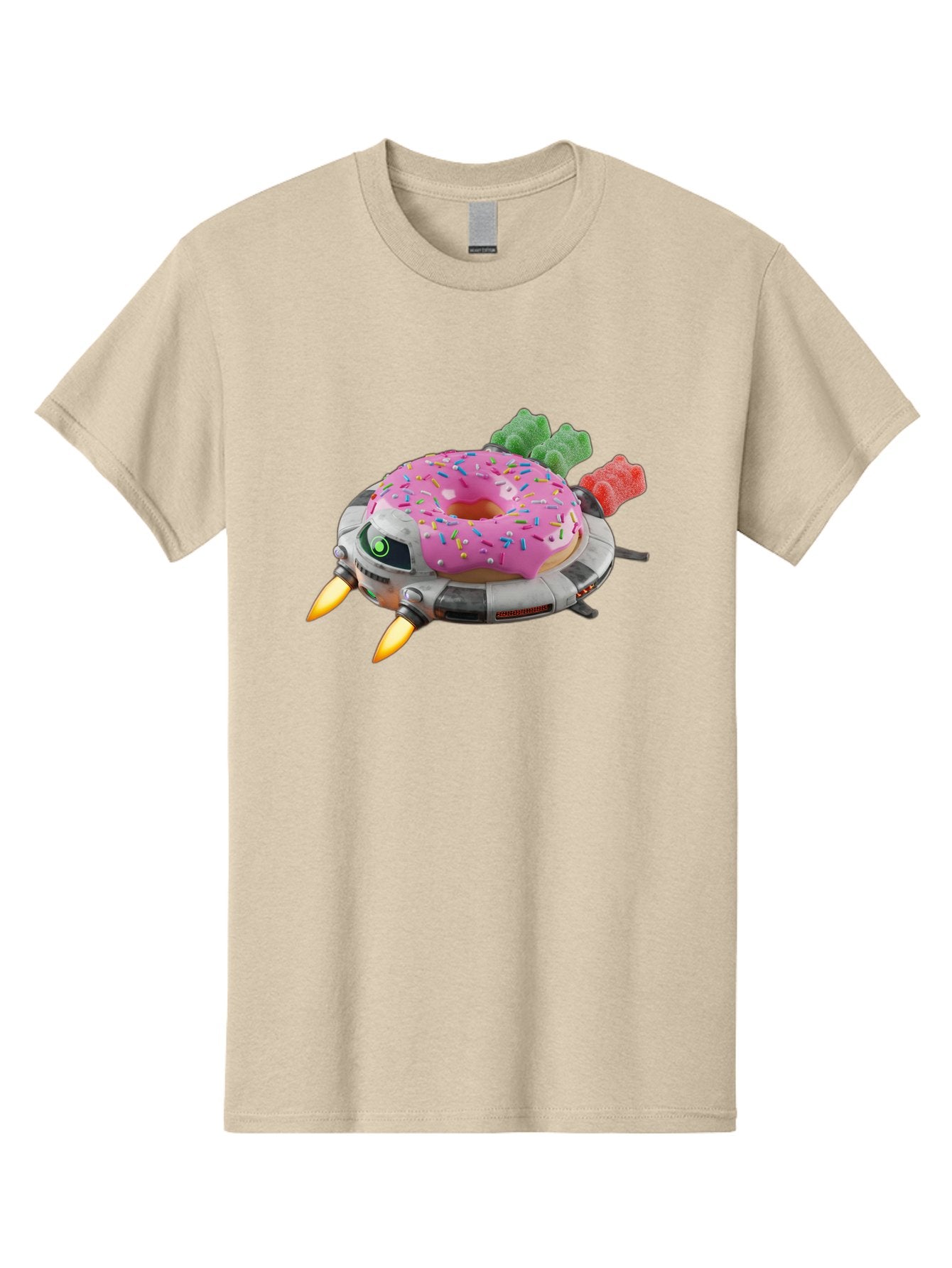 Donut-Ufo Men'S Graphic Tee, 100% Cotton, Comfortable Casual Summer Wear, Machine Washable, Pink Frosted Donut With Sprinkles, Ufo, Robotic Eyes, Gummy Bears, Futuristic, Candy, Sweet Treats, Digital Art, Cartoon Style, Whimsical, Fantastical Bab875 8
