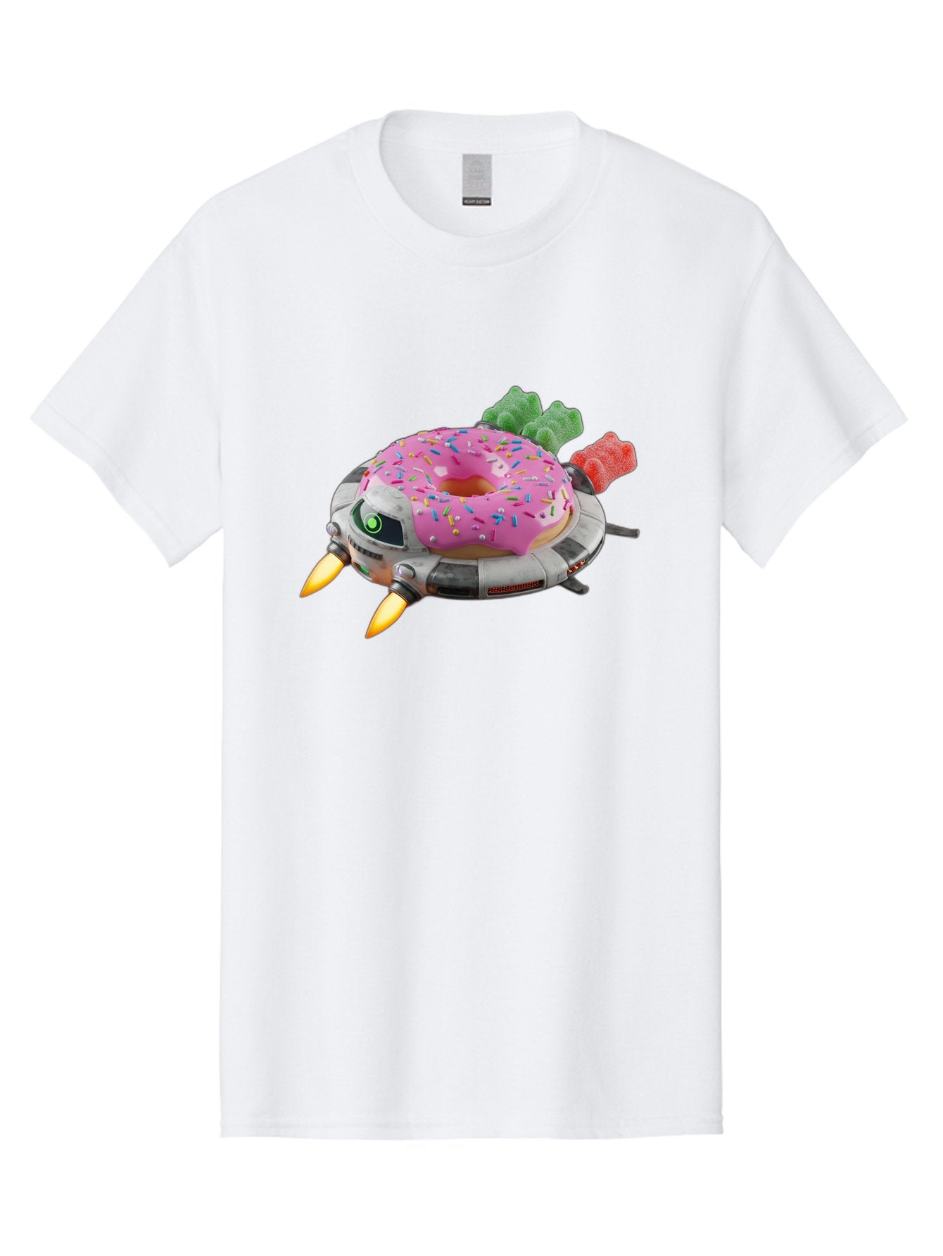 Donut-Ufo Men'S Graphic Tee, 100% Cotton, Comfortable Casual Summer Wear, Machine Washable, Pink Frosted Donut With Sprinkles, Ufo, Robotic Eyes, Gummy Bears, Futuristic, Candy, Sweet Treats, Digital Art, Cartoon Style, Whimsical, Fantastical Bab875 7