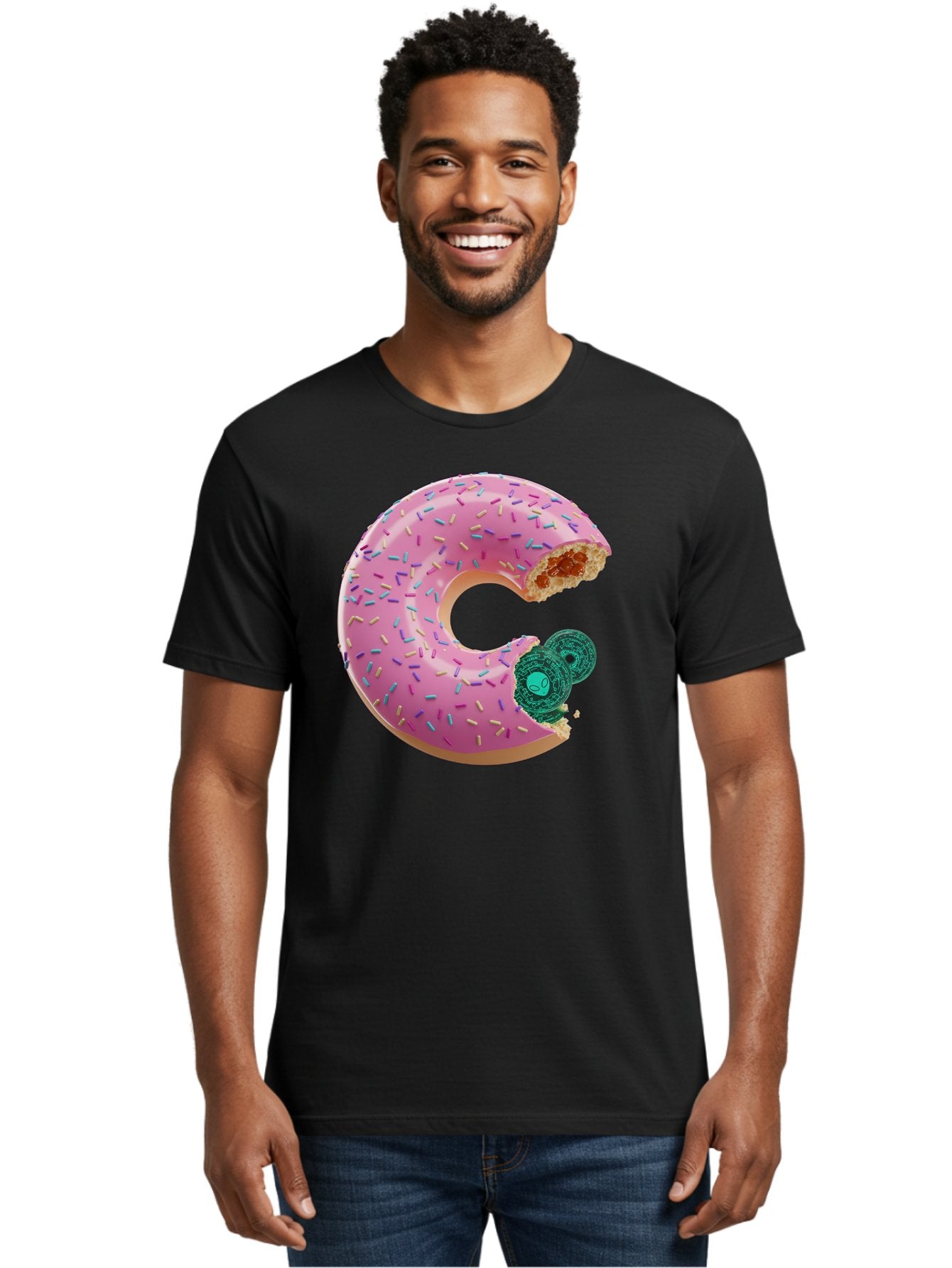 Donut-With-Bitcoin-Bite Men'S Graphic Tee, 100% Cotton, Comfortable Casual Summer Wear, Machine Washable, Pink Donut, Donut With Jelly Filling, Jelly Donut, Donut With Sprinkles, Bitten Donut, Donut Treat, Sweet Pastry, Dessert Food Bab876 25
