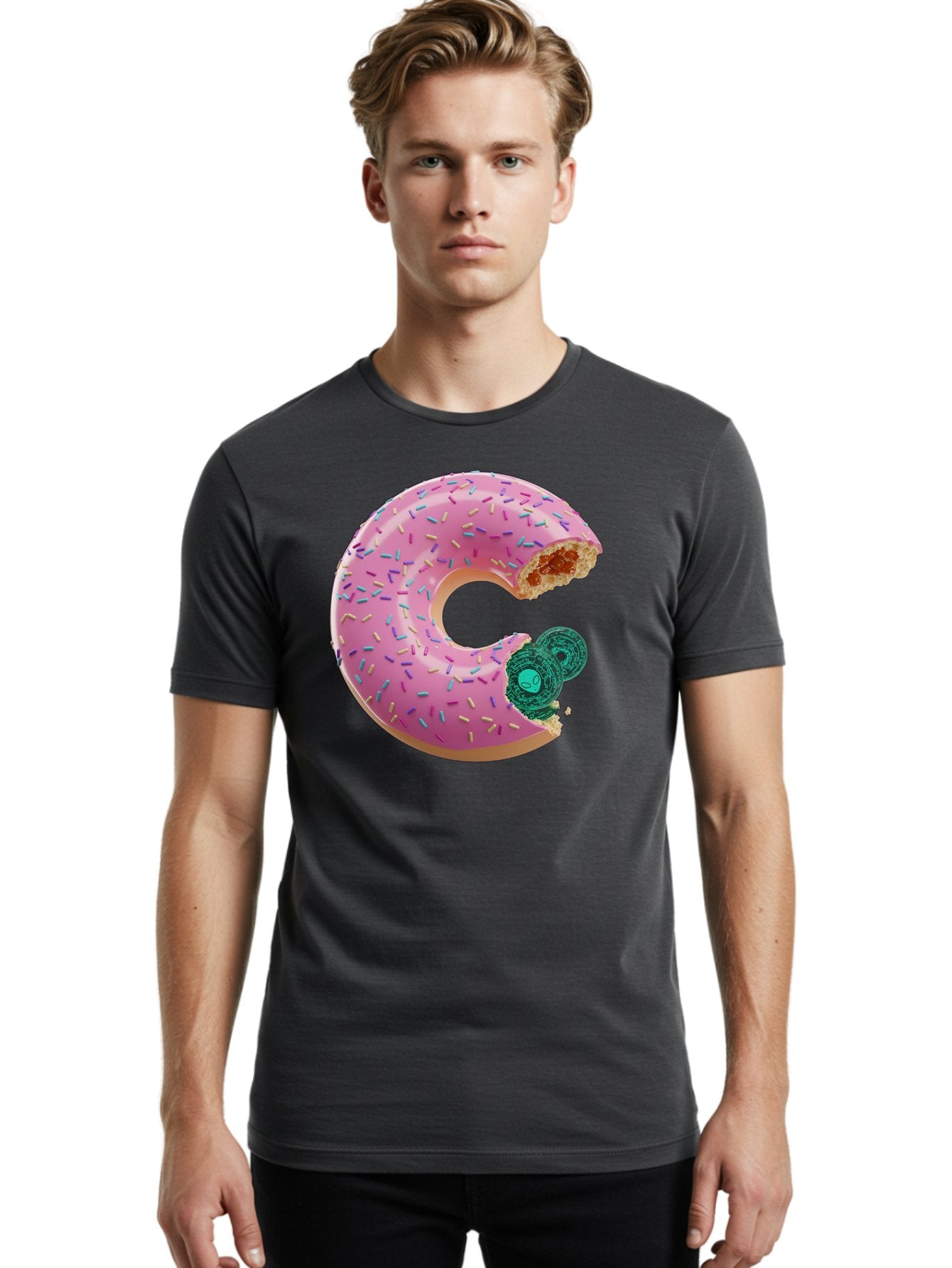 Donut-With-Bitcoin-Bite Men'S Graphic Tee, 100% Cotton, Comfortable Casual Summer Wear, Machine Washable, Pink Donut, Donut With Jelly Filling, Jelly Donut, Donut With Sprinkles, Bitten Donut, Donut Treat, Sweet Pastry, Dessert Food Bab876 21