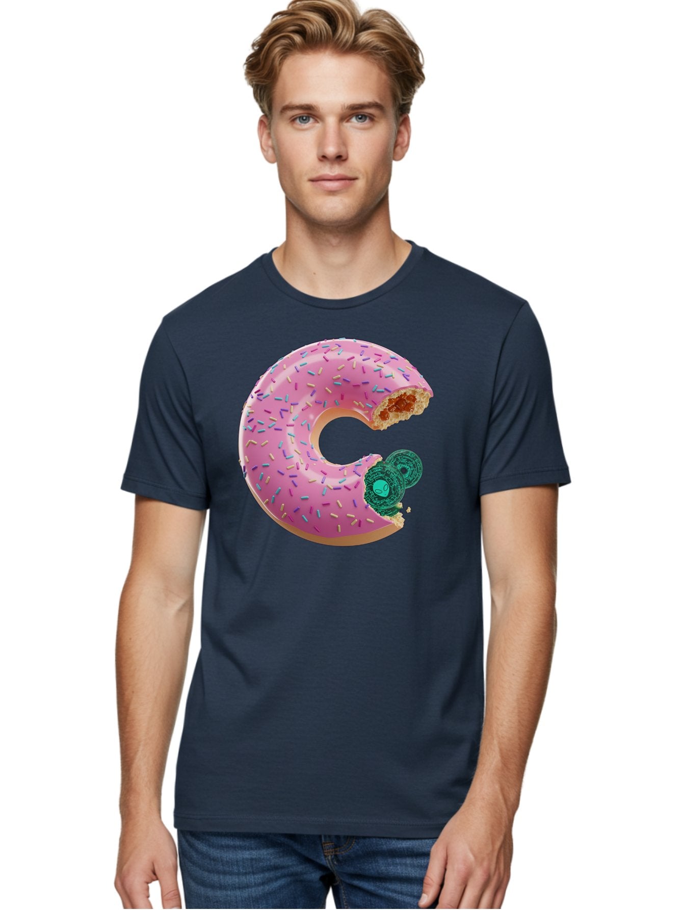 Donut-With-Bitcoin-Bite Men'S Graphic Tee, 100% Cotton, Comfortable Casual Summer Wear, Machine Washable, Pink Donut, Donut With Jelly Filling, Jelly Donut, Donut With Sprinkles, Bitten Donut, Donut Treat, Sweet Pastry, Dessert Food Bab876 20