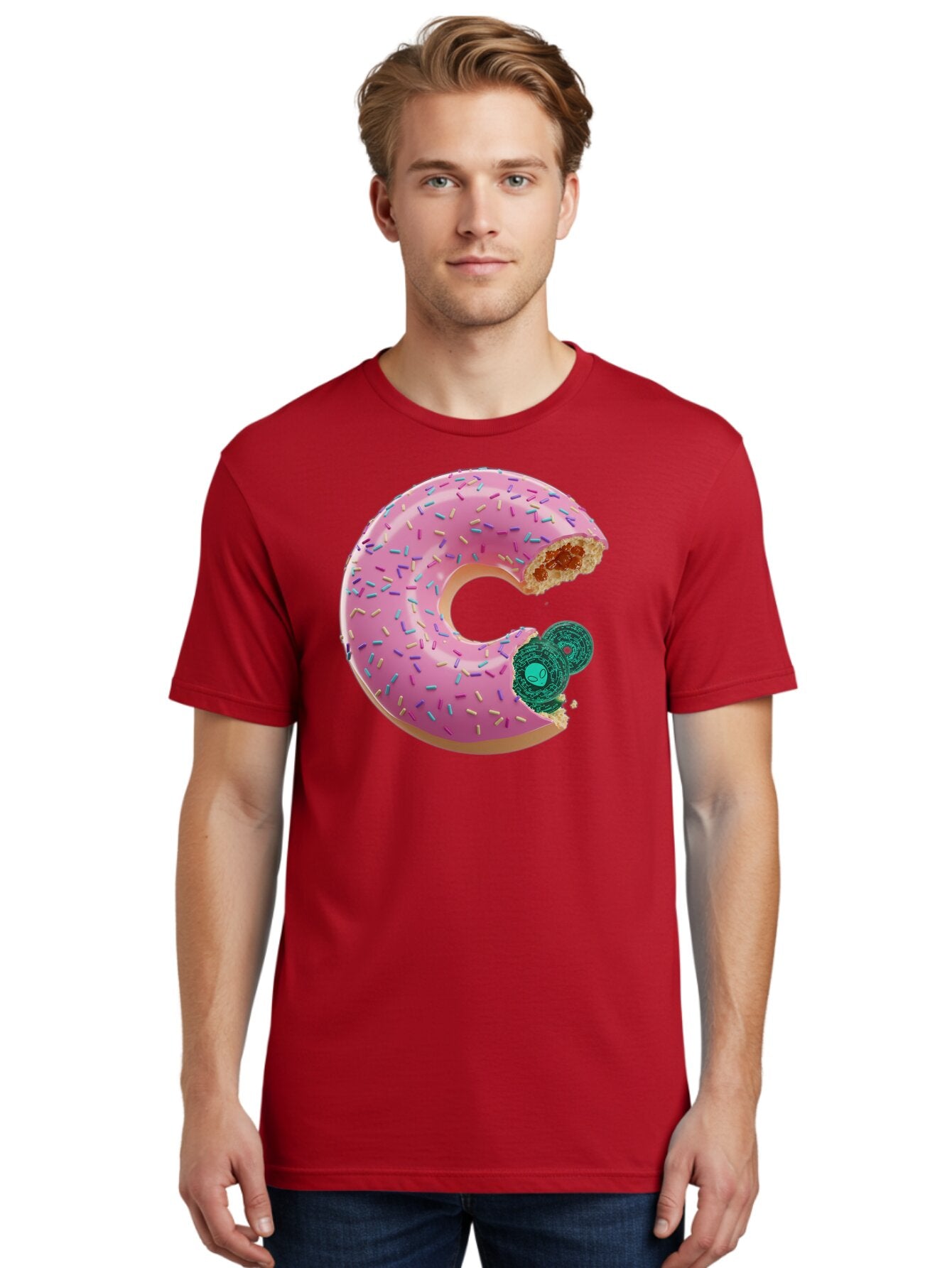 Donut-With-Bitcoin-Bite Men'S Graphic Tee, 100% Cotton, Comfortable Casual Summer Wear, Machine Washable, Pink Donut, Donut With Jelly Filling, Jelly Donut, Donut With Sprinkles, Bitten Donut, Donut Treat, Sweet Pastry, Dessert Food Bab876 17