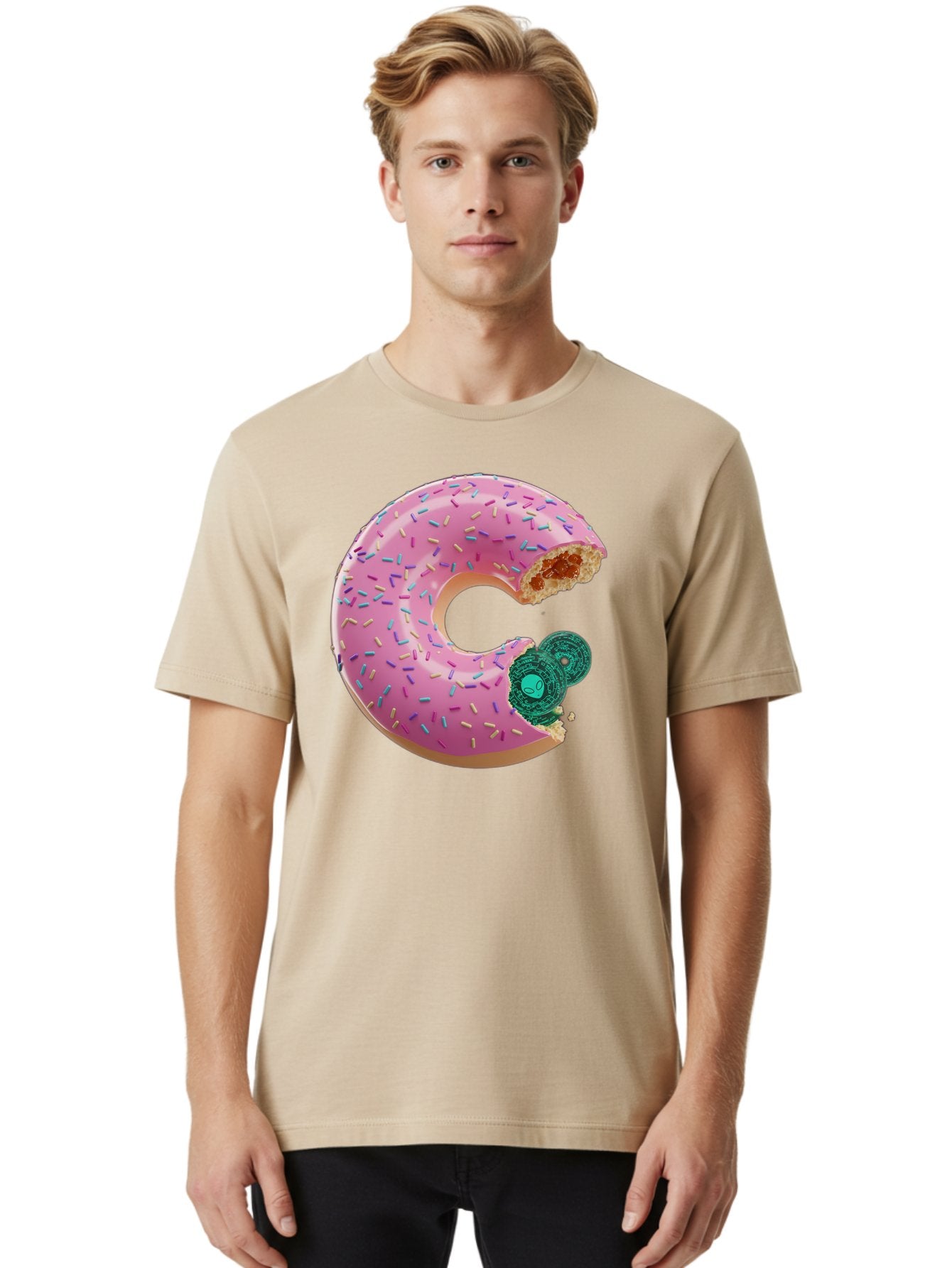 Donut-With-Bitcoin-Bite Men'S Graphic Tee, 100% Cotton, Comfortable Casual Summer Wear, Machine Washable, Pink Donut, Donut With Jelly Filling, Jelly Donut, Donut With Sprinkles, Bitten Donut, Donut Treat, Sweet Pastry, Dessert Food Bab876 24