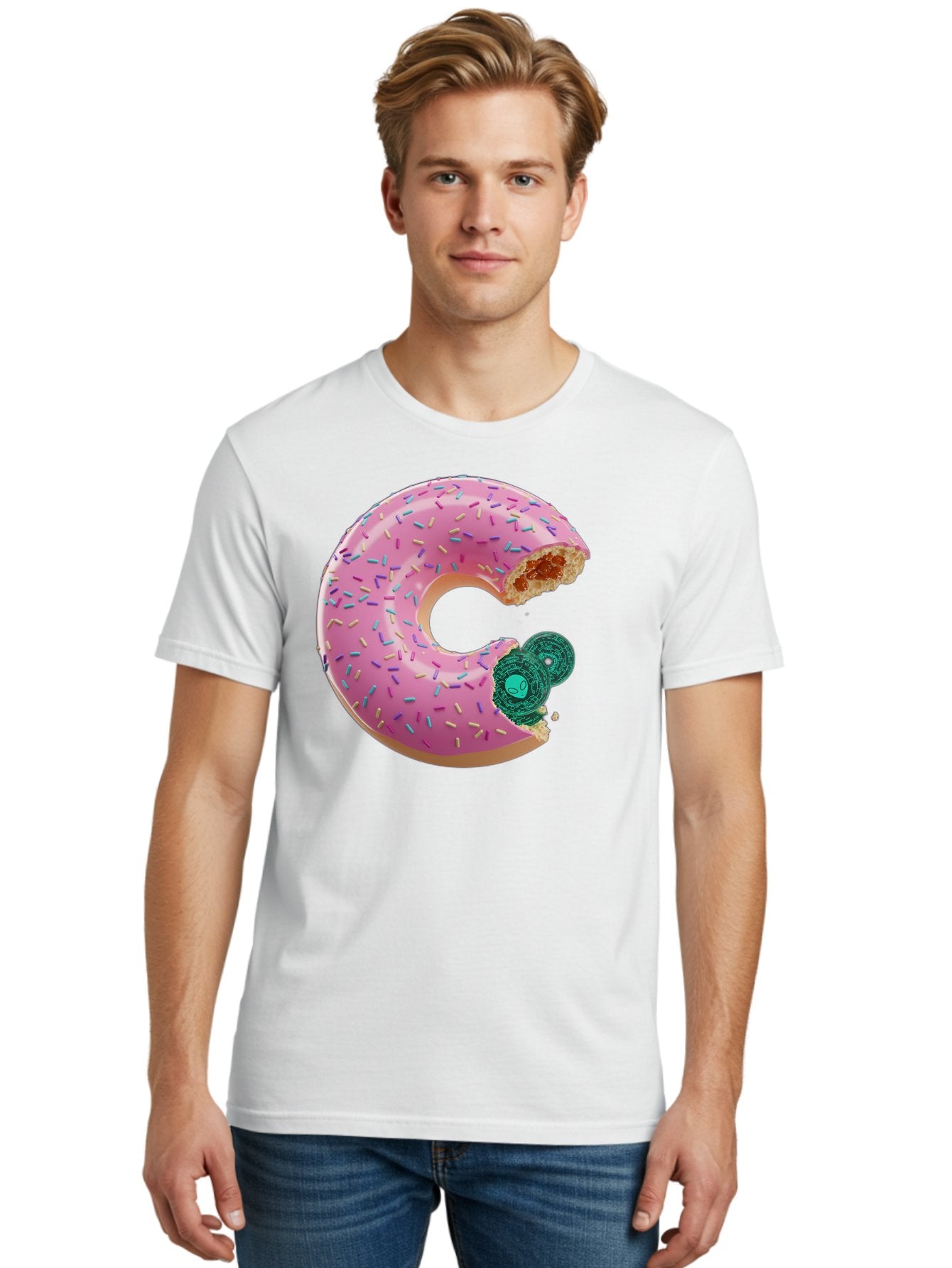 Donut-With-Bitcoin-Bite Men'S Graphic Tee, 100% Cotton, Comfortable Casual Summer Wear, Machine Washable, Pink Donut, Donut With Jelly Filling, Jelly Donut, Donut With Sprinkles, Bitten Donut, Donut Treat, Sweet Pastry, Dessert Food Bab876 30