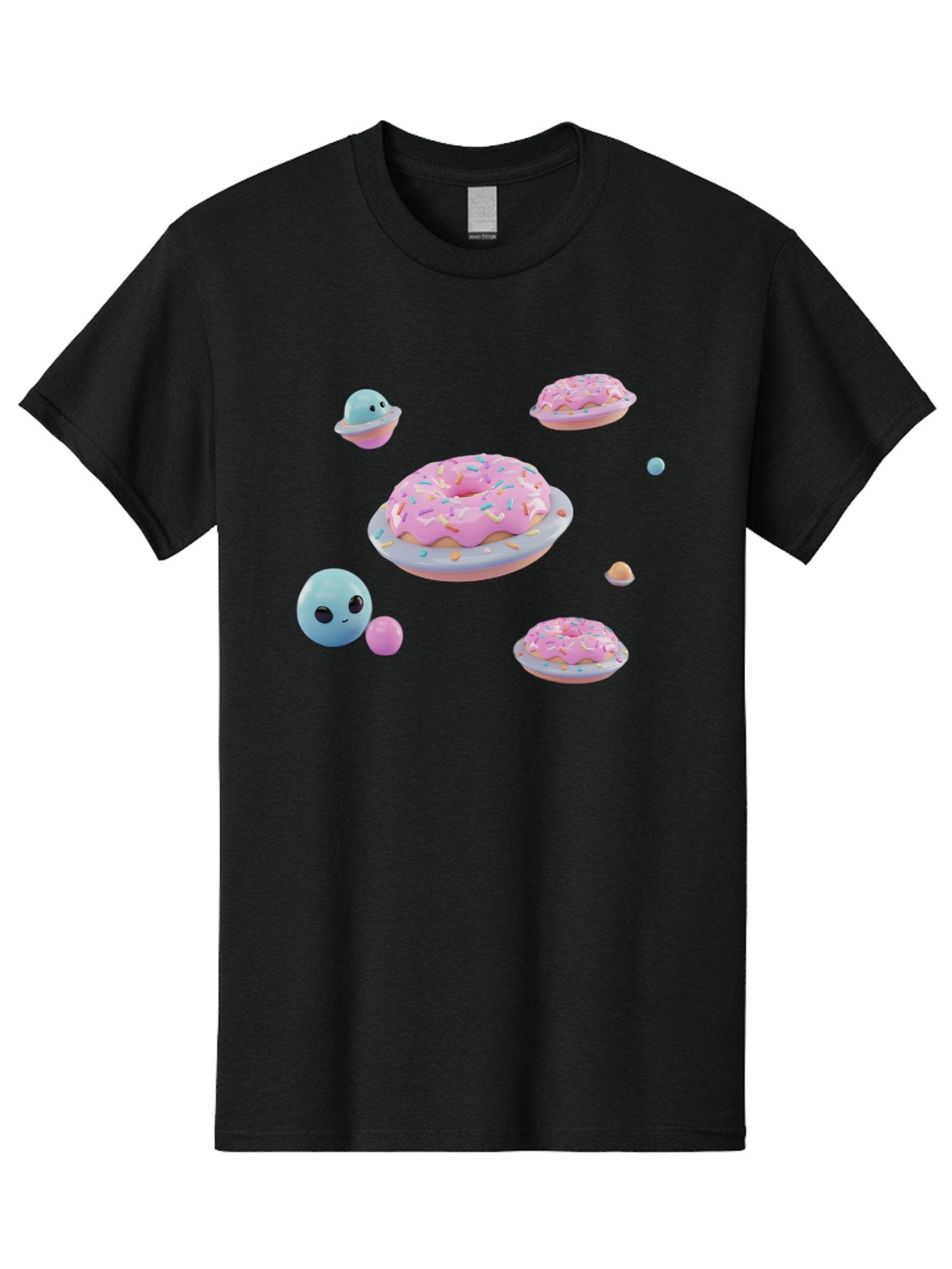 Donuts-And-Space-Creatures Men'S Graphic Tee, 100% Cotton, Comfortable Casual Summer Wear, Machine Washable, Colorful Donuts, Pink Frosting, Rainbow Sprinkles, Cute Slimes, Pastel Colors, Whimsical Design, Playful Treat, Sweet Delight, Bab877 5
