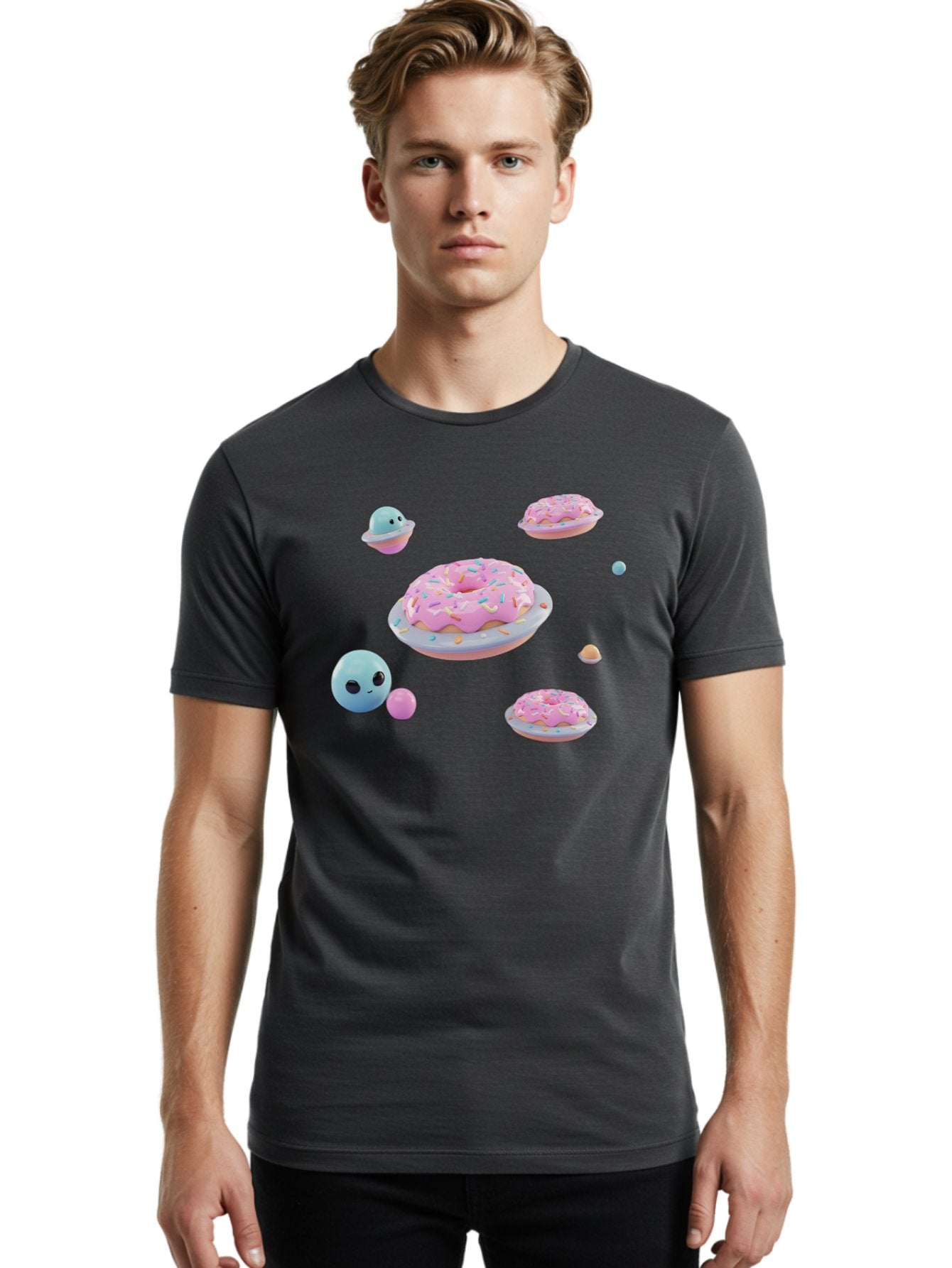 Donuts-And-Space-Creatures Men'S Graphic Tee, 100% Cotton, Comfortable Casual Summer Wear, Machine Washable, Colorful Donuts, Pink Frosting, Rainbow Sprinkles, Cute Slimes, Pastel Colors, Whimsical Design, Playful Treat, Sweet Delight, Bab877 29