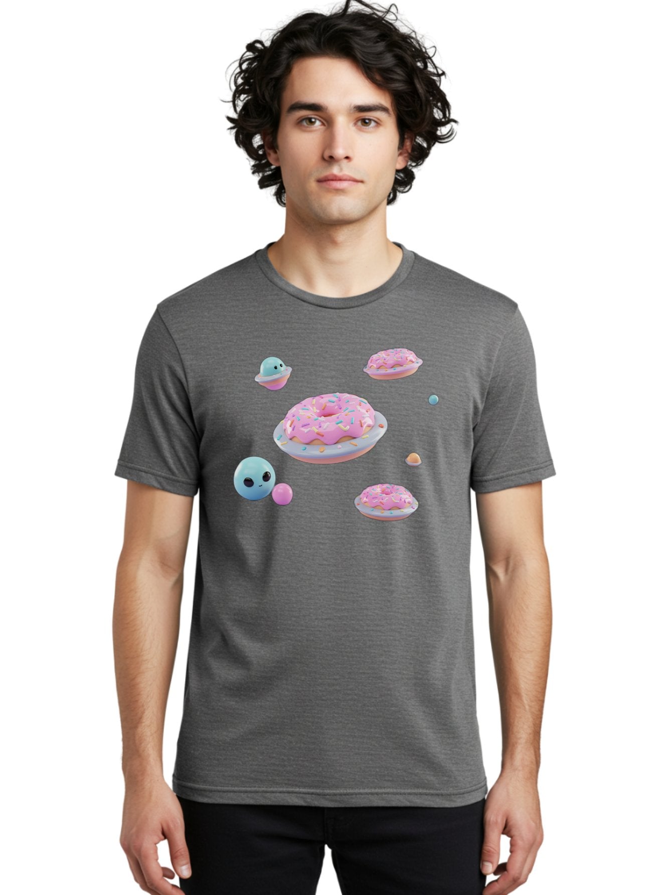 Donuts-And-Space-Creatures Men'S Graphic Tee, 100% Cotton, Comfortable Casual Summer Wear, Machine Washable, Colorful Donuts, Pink Frosting, Rainbow Sprinkles, Cute Slimes, Pastel Colors, Whimsical Design, Playful Treat, Sweet Delight, Bab877 28