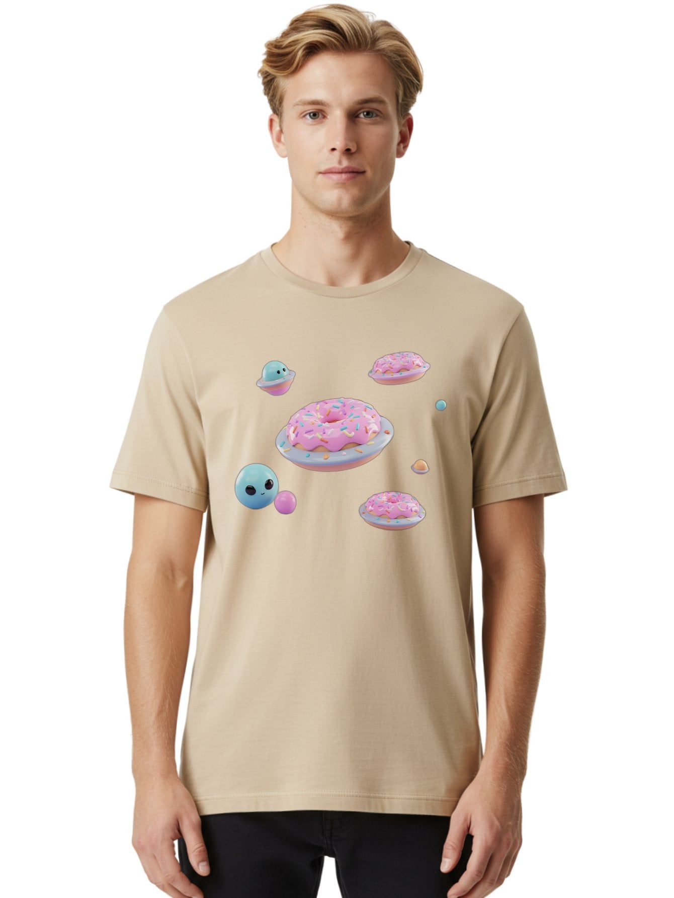 Donuts-And-Space-Creatures Men'S Graphic Tee, 100% Cotton, Comfortable Casual Summer Wear, Machine Washable, Colorful Donuts, Pink Frosting, Rainbow Sprinkles, Cute Slimes, Pastel Colors, Whimsical Design, Playful Treat, Sweet Delight, Bab877 20