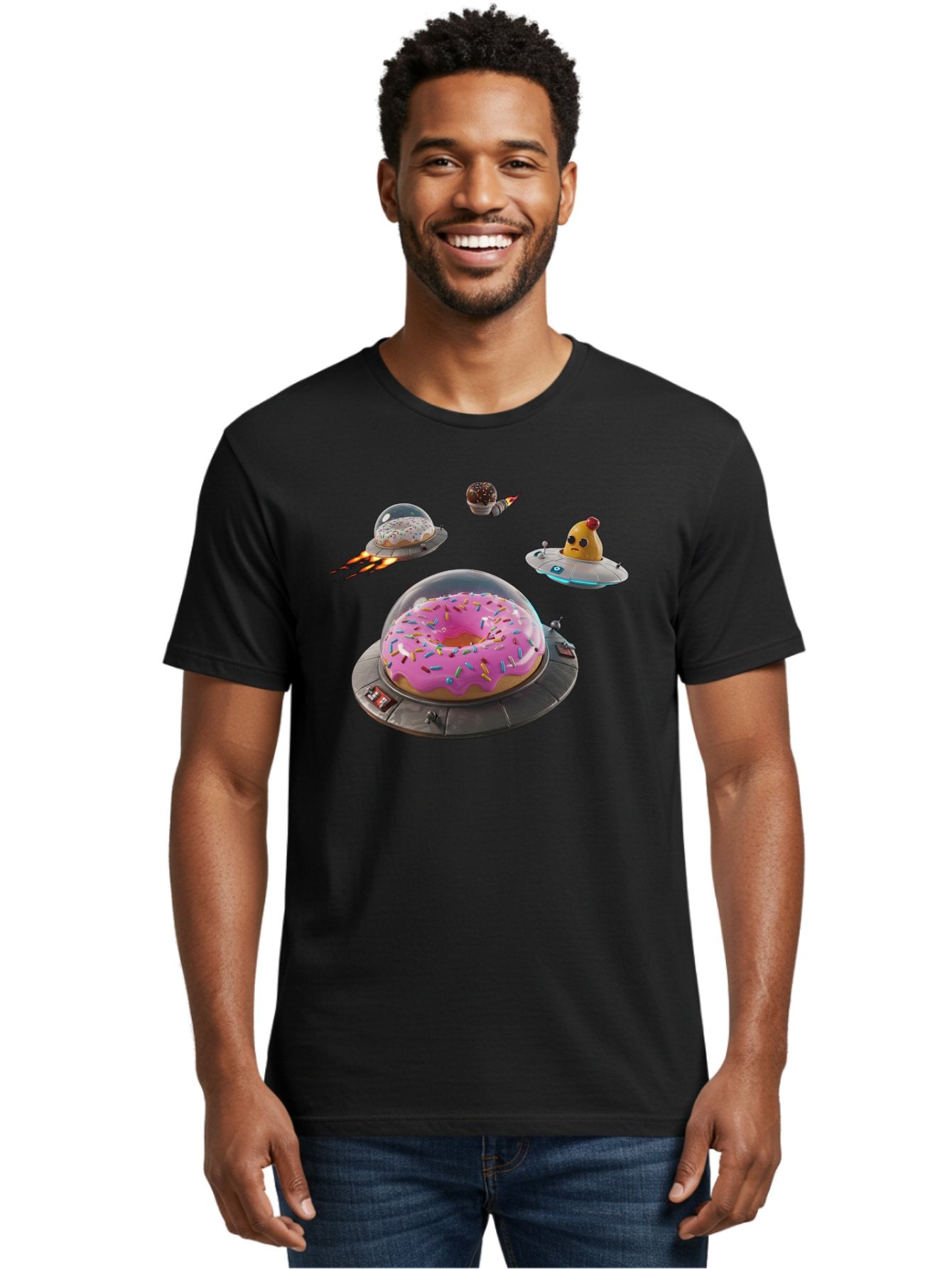 Donuts-In-Ufos Men'S Graphic Tee, 100% Cotton, Comfortable Casual Summer Wear, Machine Washable, Donuts In Ufos, Pink Frosted Donut, Sprinkles, Cupcakes, Ufos, Flying Saucers, Desserts, Sweet Treats, Futuristic, Colorful, Whimsical, Bab878 28