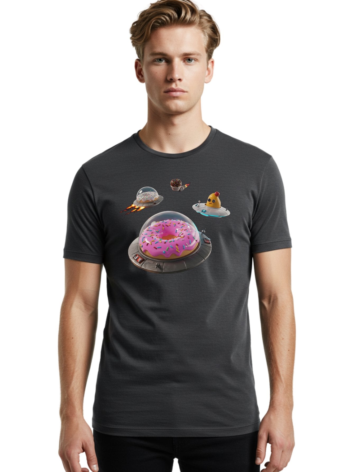 Donuts-In-Ufos Men'S Graphic Tee, 100% Cotton, Comfortable Casual Summer Wear, Machine Washable, Donuts In Ufos, Pink Frosted Donut, Sprinkles, Cupcakes, Ufos, Flying Saucers, Desserts, Sweet Treats, Futuristic, Colorful, Whimsical, Bab878 24