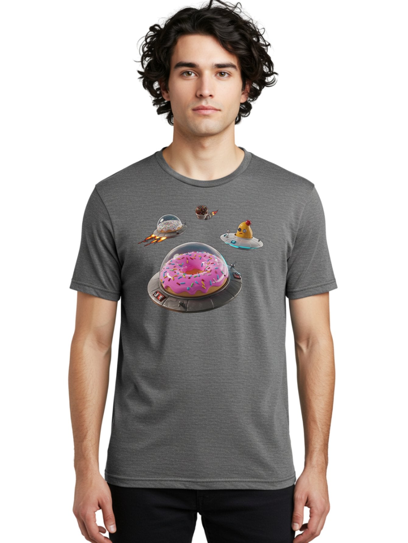 Donuts-In-Ufos Men'S Graphic Tee, 100% Cotton, Comfortable Casual Summer Wear, Machine Washable, Donuts In Ufos, Pink Frosted Donut, Sprinkles, Cupcakes, Ufos, Flying Saucers, Desserts, Sweet Treats, Futuristic, Colorful, Whimsical, Bab878 26