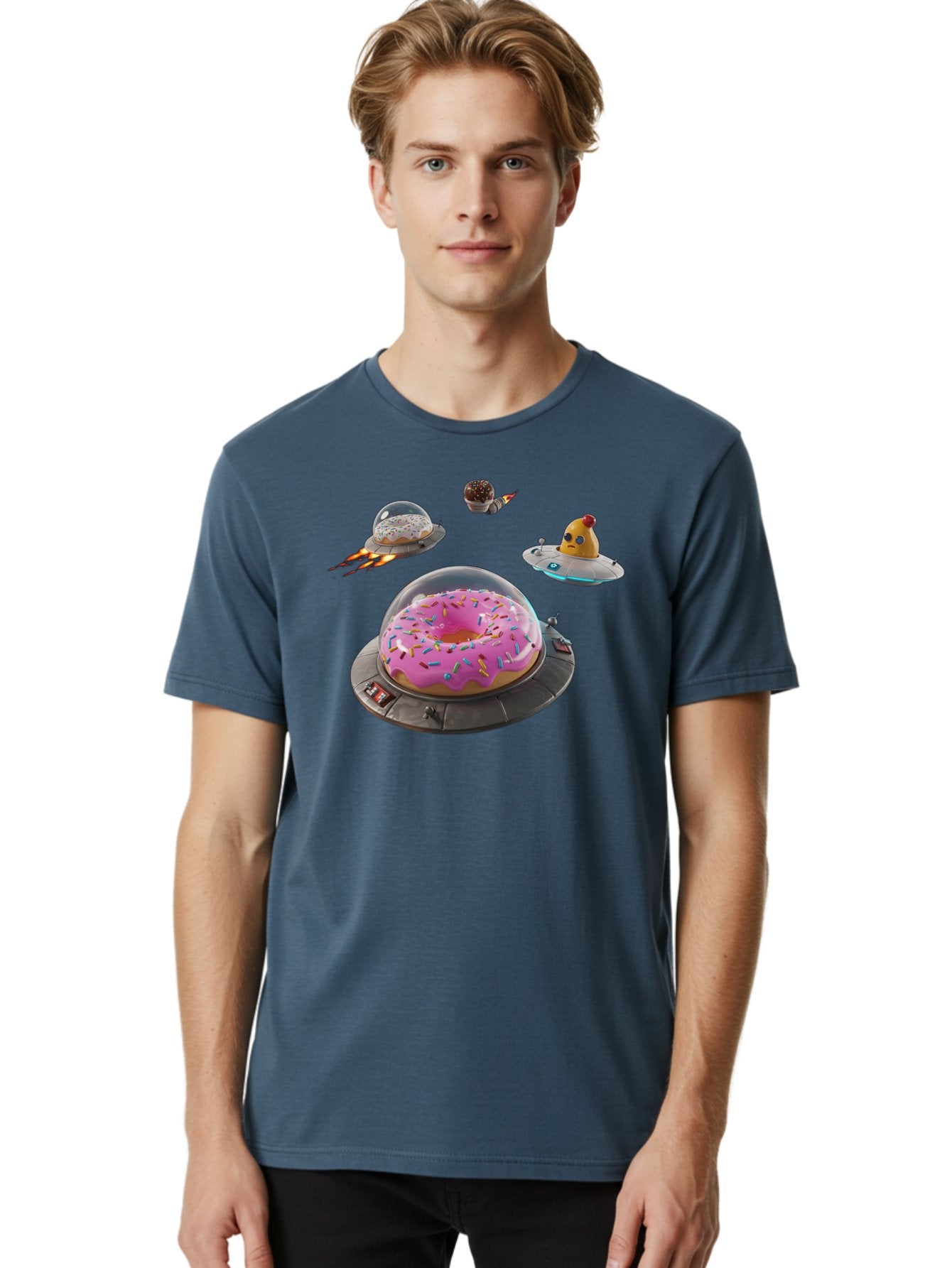 Donuts-In-Ufos Men'S Graphic Tee, 100% Cotton, Comfortable Casual Summer Wear, Machine Washable, Donuts In Ufos, Pink Frosted Donut, Sprinkles, Cupcakes, Ufos, Flying Saucers, Desserts, Sweet Treats, Futuristic, Colorful, Whimsical, Bab878 18