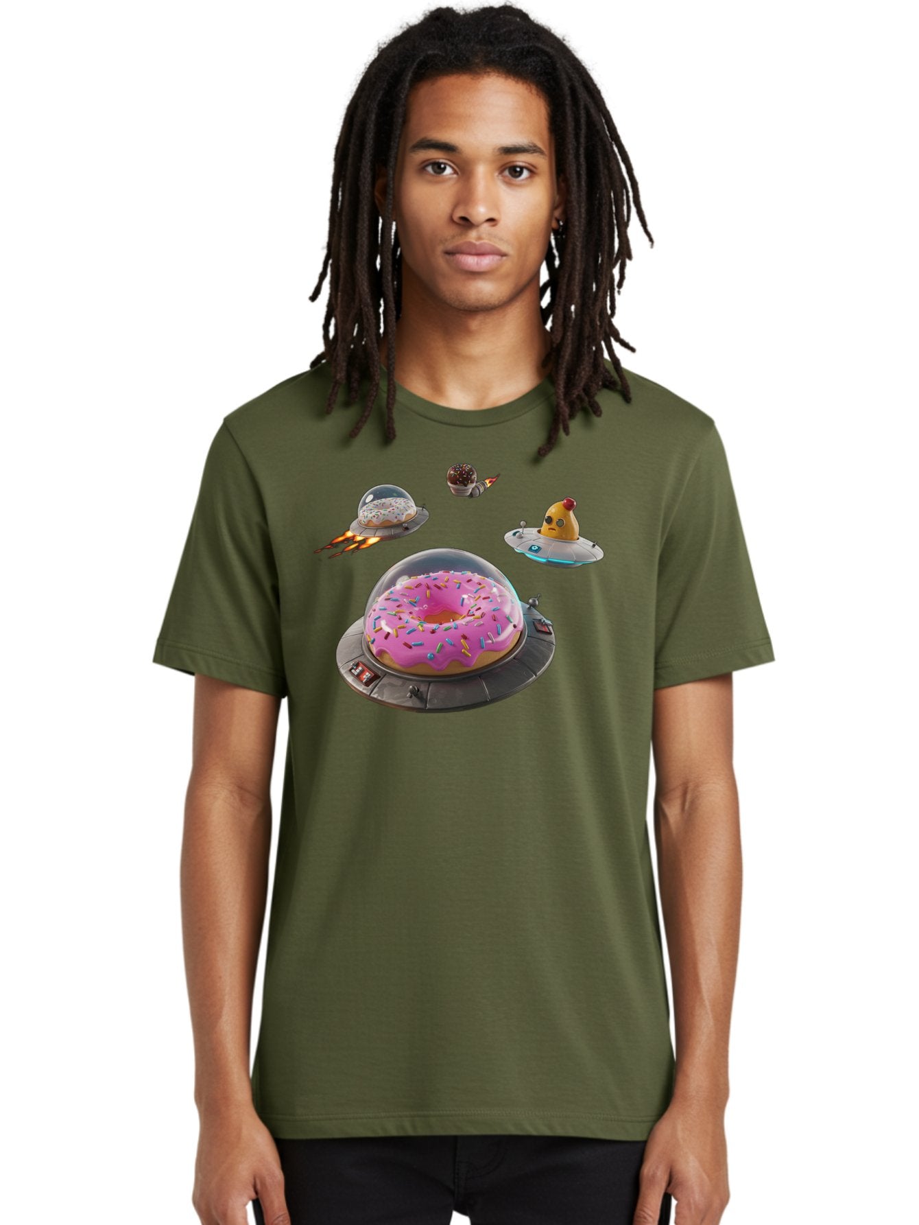 Donuts-In-Ufos Men'S Graphic Tee, 100% Cotton, Comfortable Casual Summer Wear, Machine Washable, Donuts In Ufos, Pink Frosted Donut, Sprinkles, Cupcakes, Ufos, Flying Saucers, Desserts, Sweet Treats, Futuristic, Colorful, Whimsical, Bab878 29