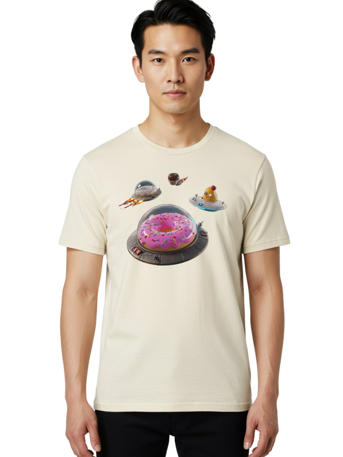 Donuts-In-Ufos Men'S Graphic Tee, 100% Cotton, Comfortable Casual Summer Wear, Machine Washable, Donuts In Ufos, Pink Frosted Donut, Sprinkles, Cupcakes, Ufos, Flying Saucers, Desserts, Sweet Treats, Futuristic, Colorful, Whimsical, Bab878 25