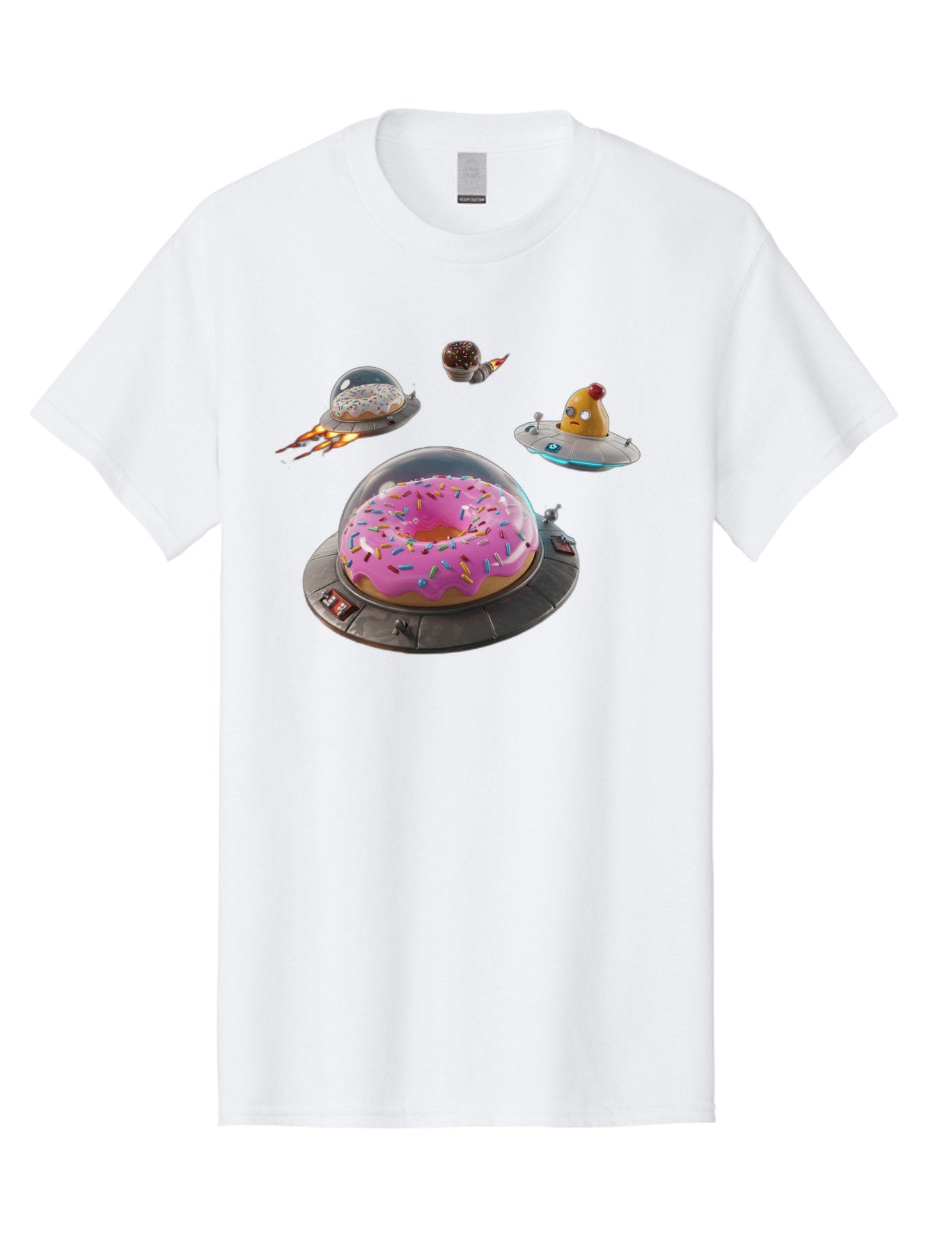 Donuts-In-Ufos Men'S Graphic Tee, 100% Cotton, Comfortable Casual Summer Wear, Machine Washable, Donuts In Ufos, Pink Frosted Donut, Sprinkles, Cupcakes, Ufos, Flying Saucers, Desserts, Sweet Treats, Futuristic, Colorful, Whimsical, Bab878