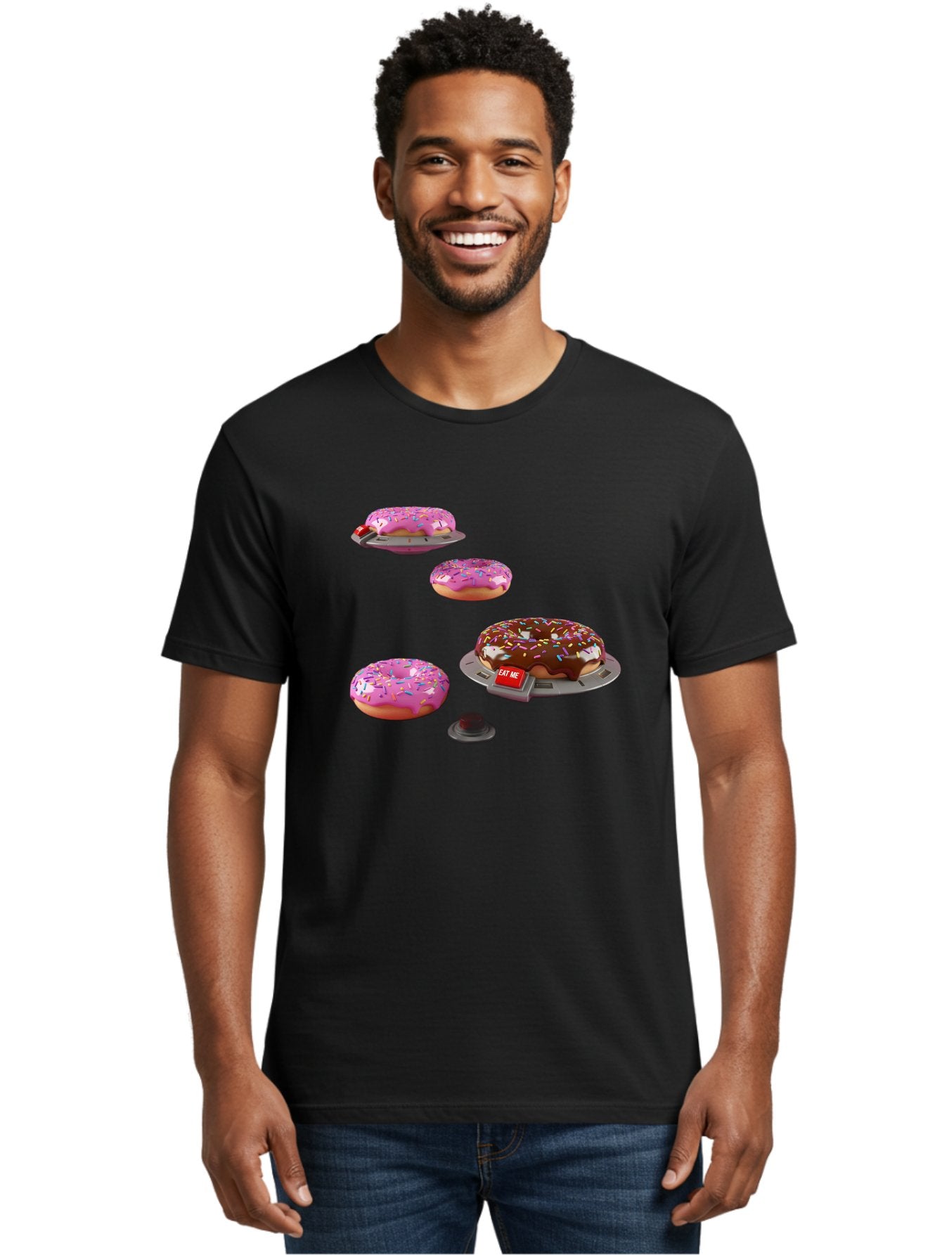 Donuts-On-Ufos Men'S Graphic Tee, 100% Cotton, Comfortable Casual Summer Wear, Machine Washable, Pink Frosted Donuts, Chocolate Frosted Donut, Sprinkles, Ufos, Eat Me Sign, Flying Donuts, Futuristic Dessert, 3D Rendering Bab879 24