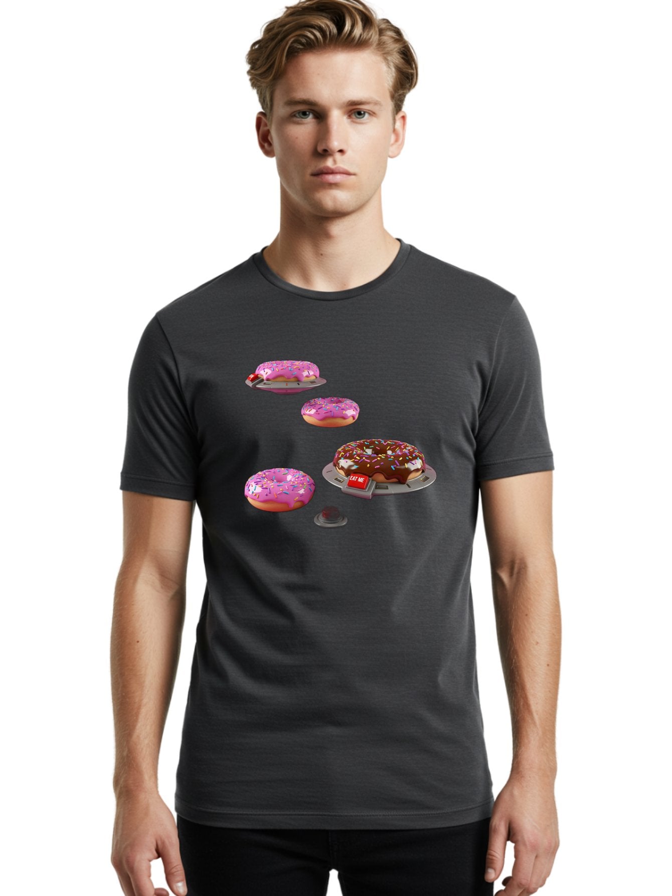Donuts-On-Ufos Men'S Graphic Tee, 100% Cotton, Comfortable Casual Summer Wear, Machine Washable, Pink Frosted Donuts, Chocolate Frosted Donut, Sprinkles, Ufos, Eat Me Sign, Flying Donuts, Futuristic Dessert, 3D Rendering Bab879 19