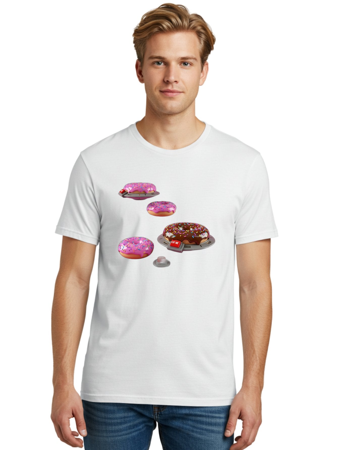 Donuts-On-Ufos Men'S Graphic Tee, 100% Cotton, Comfortable Casual Summer Wear, Machine Washable, Pink Frosted Donuts, Chocolate Frosted Donut, Sprinkles, Ufos, Eat Me Sign, Flying Donuts, Futuristic Dessert, 3D Rendering Bab879 29