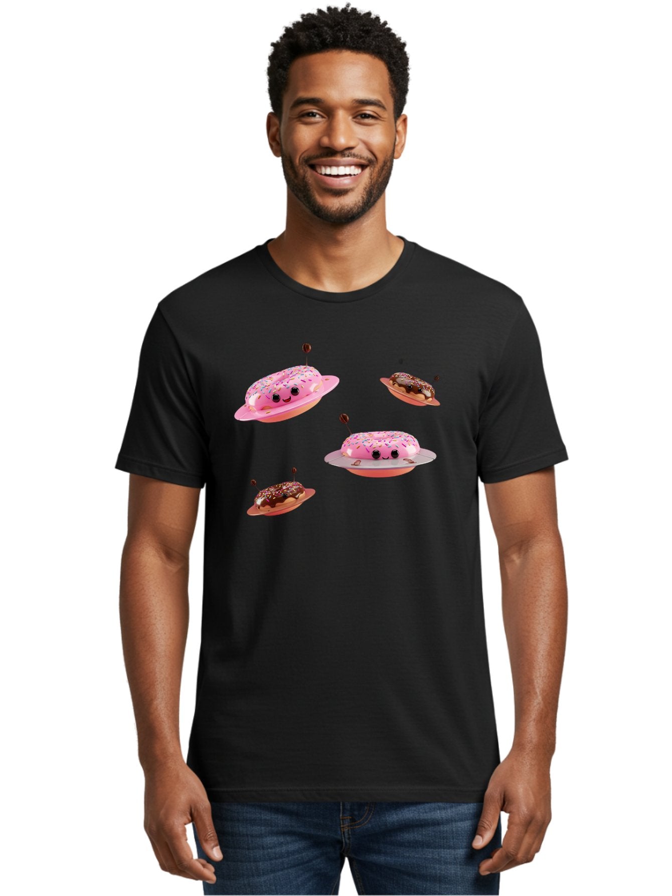 Donuts-Ufo Men'S Graphic Tee, 100% Cotton, Comfortable Casual Summer Wear, Machine Washable, Donut Ufos, Pink Donut, Chocolate Donut, Sprinkles, Funny Ufo, Cartoon Ufo, Whimsical Illustration, Foodie Humor, Alien Donuts, Playful Graphics Bab880 28