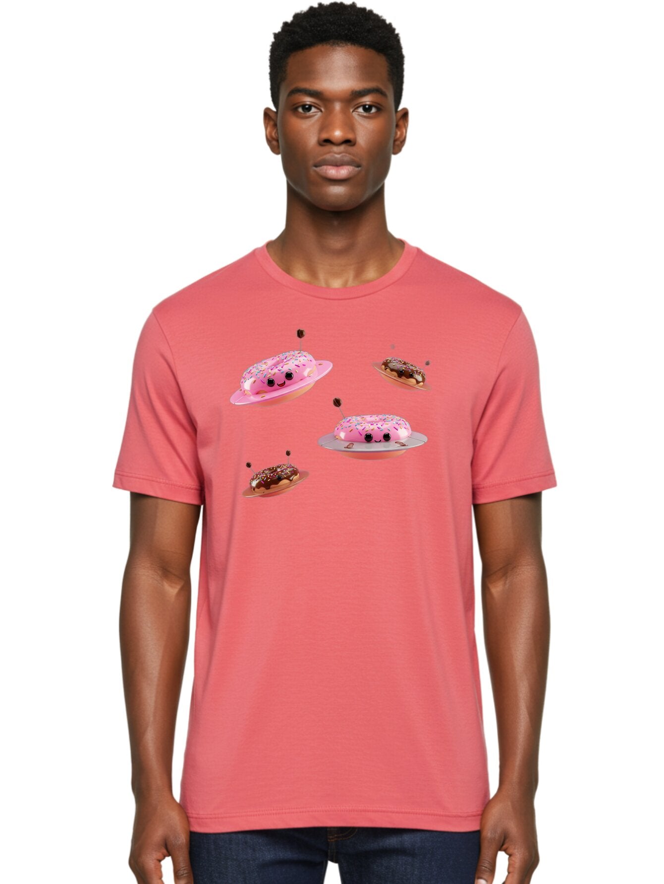 Donuts-Ufo Men'S Graphic Tee, 100% Cotton, Comfortable Casual Summer Wear, Machine Washable, Donut Ufos, Pink Donut, Chocolate Donut, Sprinkles, Funny Ufo, Cartoon Ufo, Whimsical Illustration, Foodie Humor, Alien Donuts, Playful Graphics Bab880 19