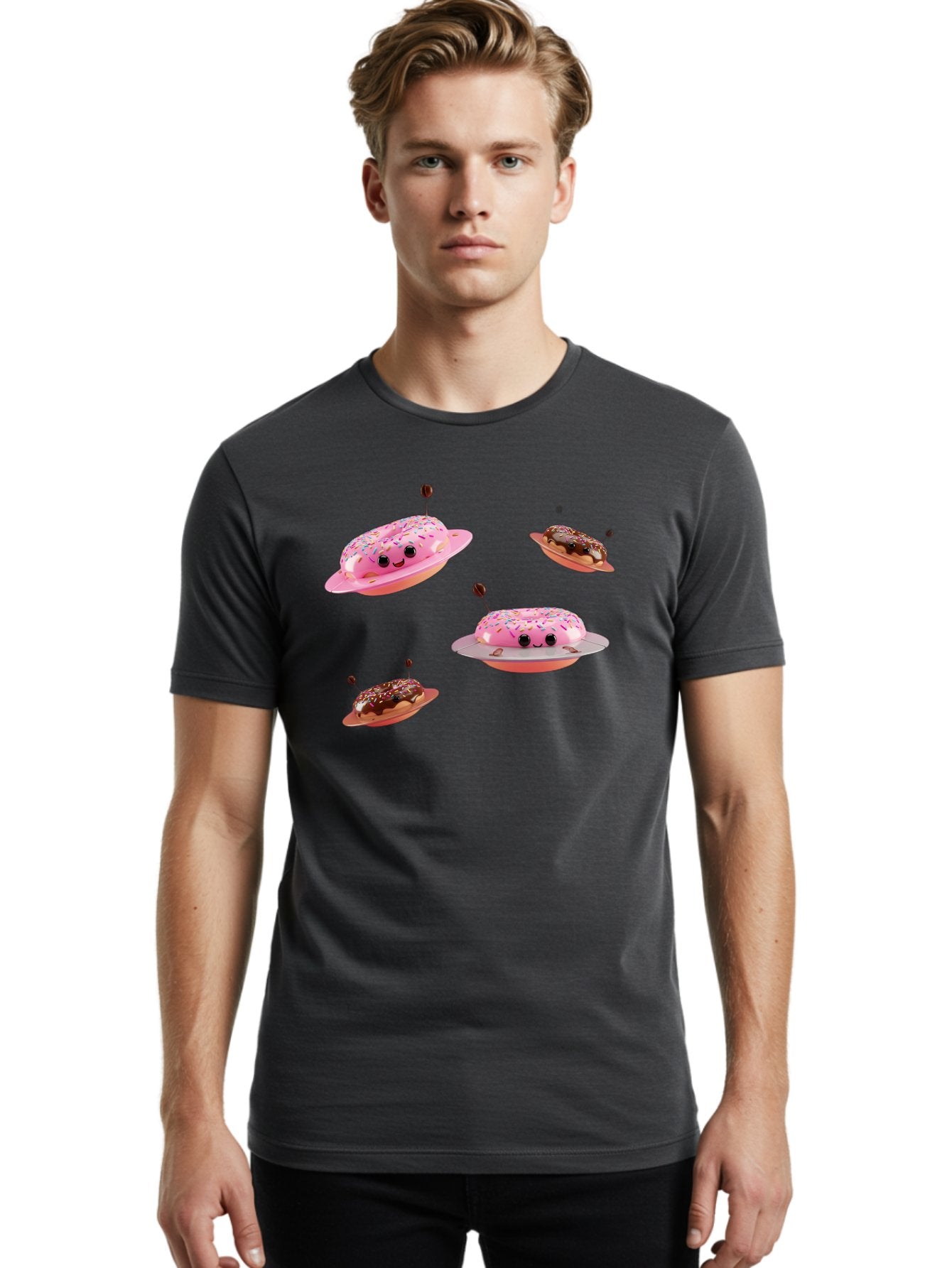Donuts-Ufo Men'S Graphic Tee, 100% Cotton, Comfortable Casual Summer Wear, Machine Washable, Donut Ufos, Pink Donut, Chocolate Donut, Sprinkles, Funny Ufo, Cartoon Ufo, Whimsical Illustration, Foodie Humor, Alien Donuts, Playful Graphics Bab880 18