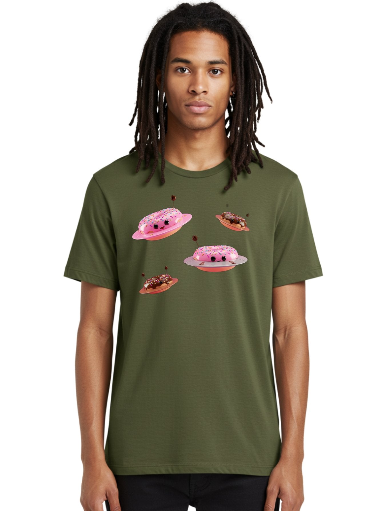 Donuts-Ufo Men'S Graphic Tee, 100% Cotton, Comfortable Casual Summer Wear, Machine Washable, Donut Ufos, Pink Donut, Chocolate Donut, Sprinkles, Funny Ufo, Cartoon Ufo, Whimsical Illustration, Foodie Humor, Alien Donuts, Playful Graphics Bab880 25