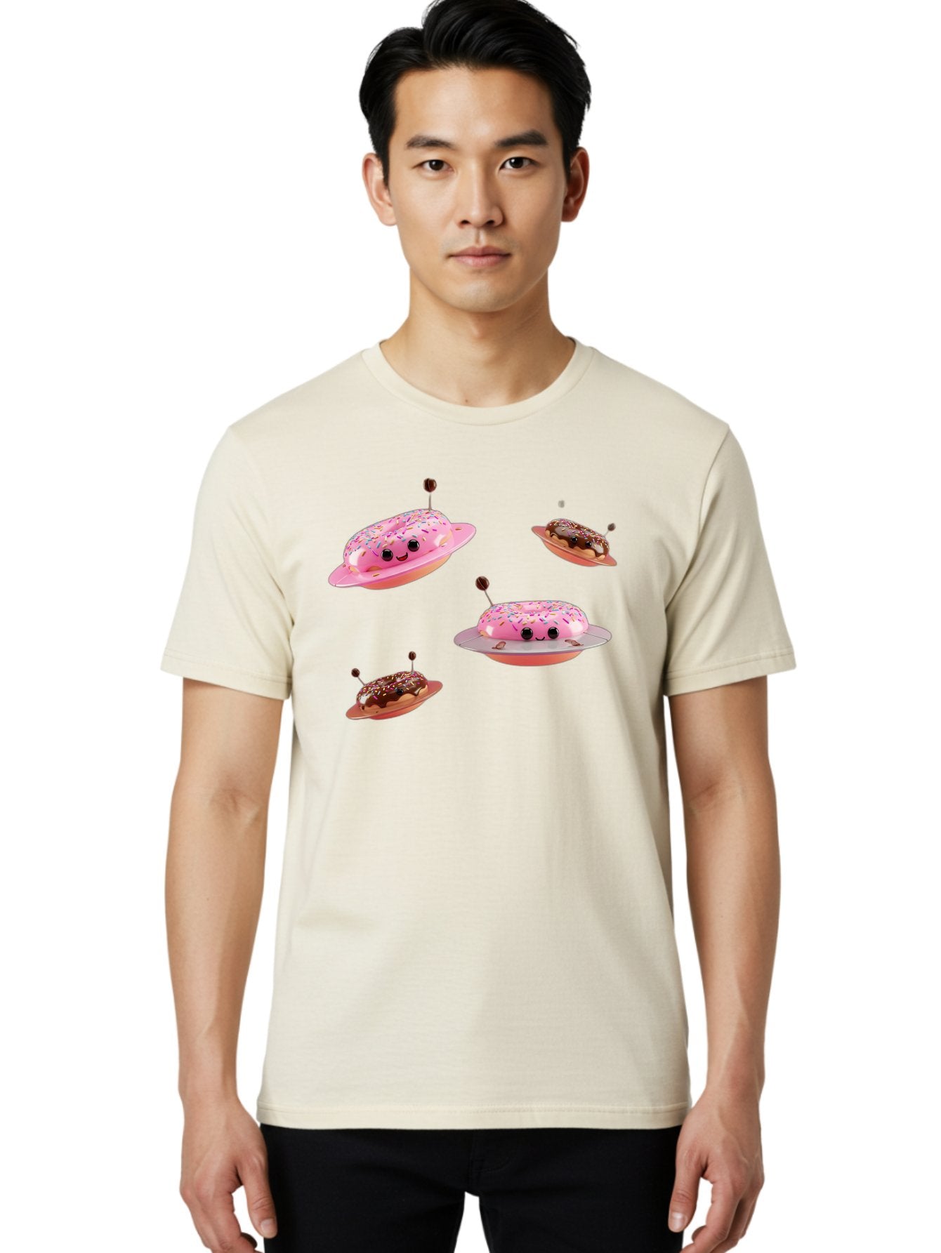 Donuts-Ufo Men'S Graphic Tee, 100% Cotton, Comfortable Casual Summer Wear, Machine Washable, Donut Ufos, Pink Donut, Chocolate Donut, Sprinkles, Funny Ufo, Cartoon Ufo, Whimsical Illustration, Foodie Humor, Alien Donuts, Playful Graphics Bab880 30