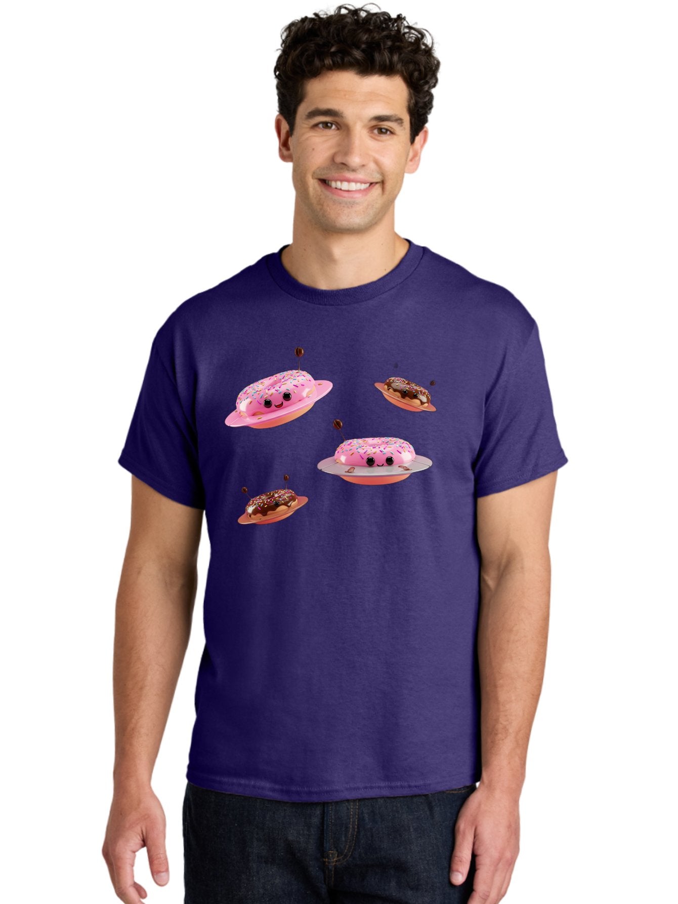 Donuts-Ufo Men'S Graphic Tee, 100% Cotton, Comfortable Casual Summer Wear, Machine Washable, Donut Ufos, Pink Donut, Chocolate Donut, Sprinkles, Funny Ufo, Cartoon Ufo, Whimsical Illustration, Foodie Humor, Alien Donuts, Playful Graphics Bab880 24