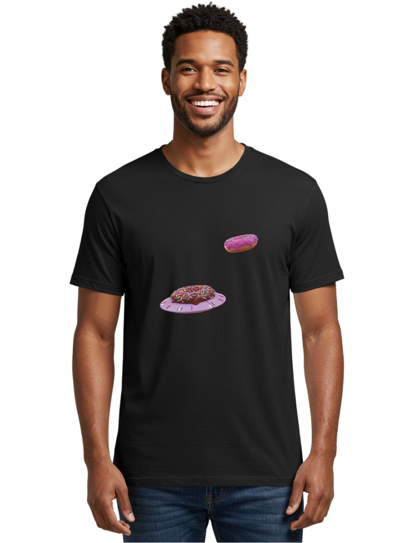 Donuts-With-Sprinkles Men'S Graphic Tee, 100% Cotton, Comfortable Casual Summer Wear, Machine Washable, Donuts In Mid-Air, Chocolate Donut With Sprinkles, Pink Frosting And Sprinkles, Sweet Treats, Dessert Delights, Tasty Pastries, Bab881 18
