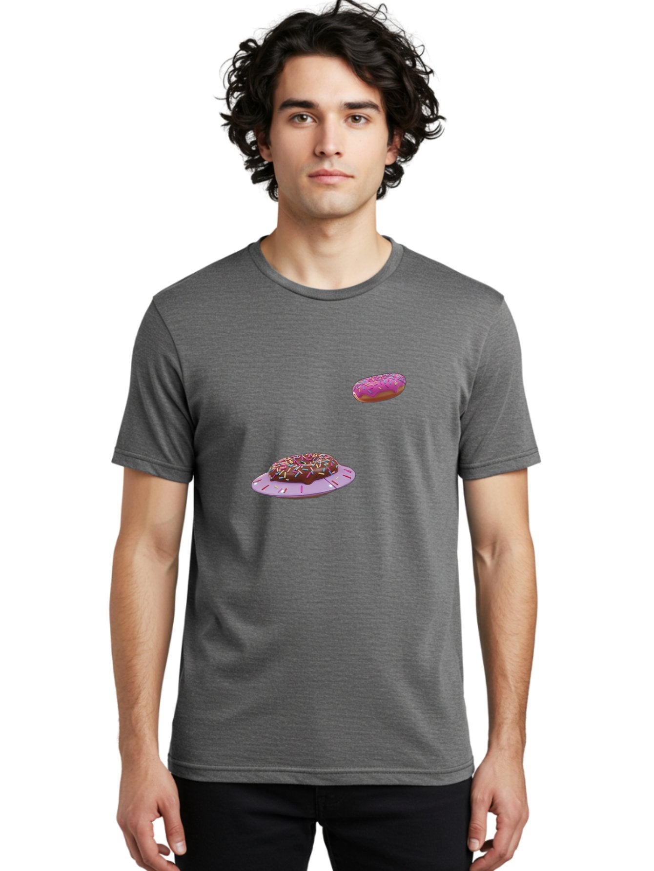 Donuts-With-Sprinkles Men'S Graphic Tee, 100% Cotton, Comfortable Casual Summer Wear, Machine Washable, Donuts In Mid-Air, Chocolate Donut With Sprinkles, Pink Frosting And Sprinkles, Sweet Treats, Dessert Delights, Tasty Pastries, Bab881 29