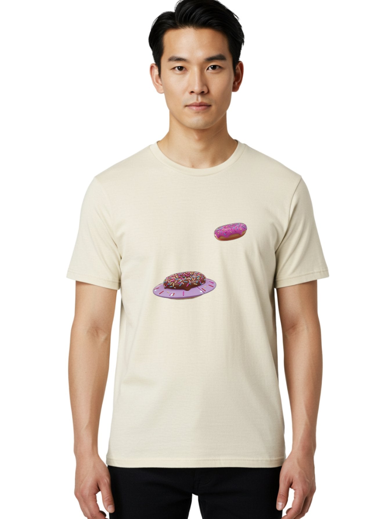 Donuts-With-Sprinkles Men'S Graphic Tee, 100% Cotton, Comfortable Casual Summer Wear, Machine Washable, Donuts In Mid-Air, Chocolate Donut With Sprinkles, Pink Frosting And Sprinkles, Sweet Treats, Dessert Delights, Tasty Pastries, Bab881 28